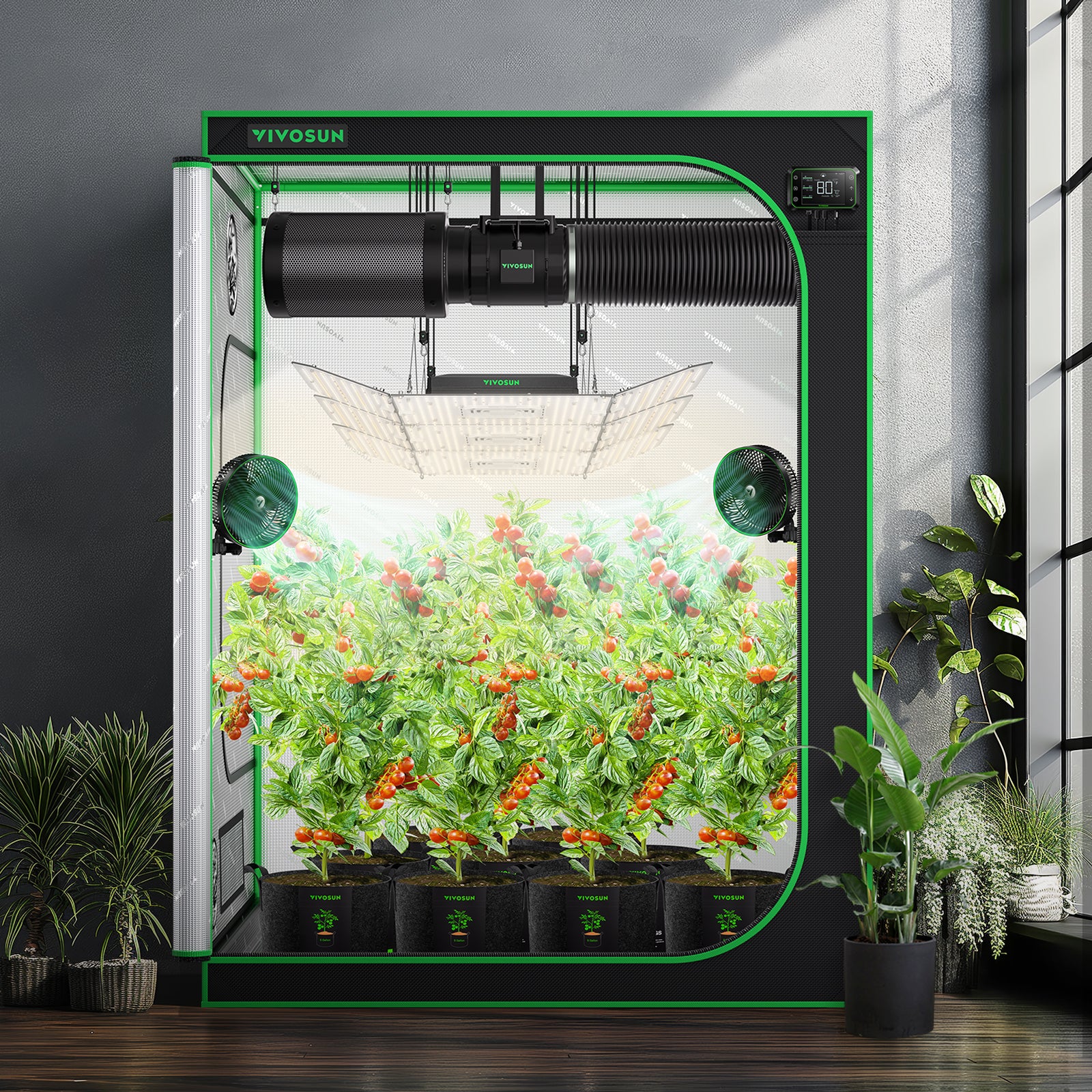 Vivosun grow tent in gray 600D Oxford fabric with green trim, 150x150x200cm