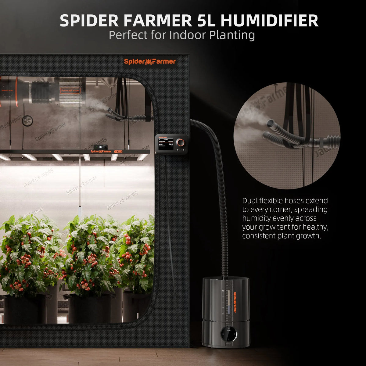 Spider Farmer 5L Smart Luftbefeuchter with dual flexible hoses, black mist humidifier for grow tents