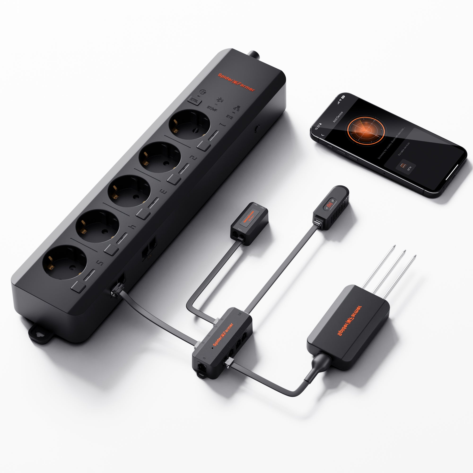 Spider Farmer GGS AC5 Smart Mehrfachsteckdose – Kompakte Steuerungszentrale mit 5 Anschlüssen für die intelligente Automatisierung von Licht, Klima und Bewässerung.