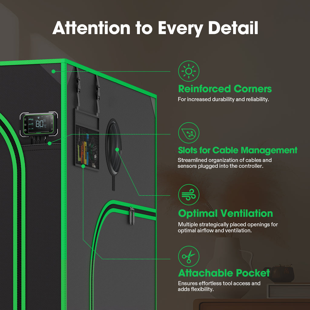 Vivosun Growbox Pro grow tent in black 2000D Oxford with green frame, 120x120x200cm size