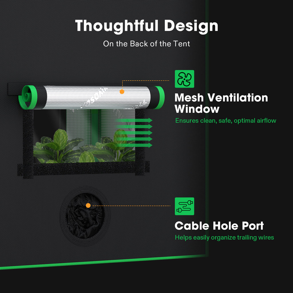 Vivosun growbox with black 600D Oxford fabric, mesh ventilation window