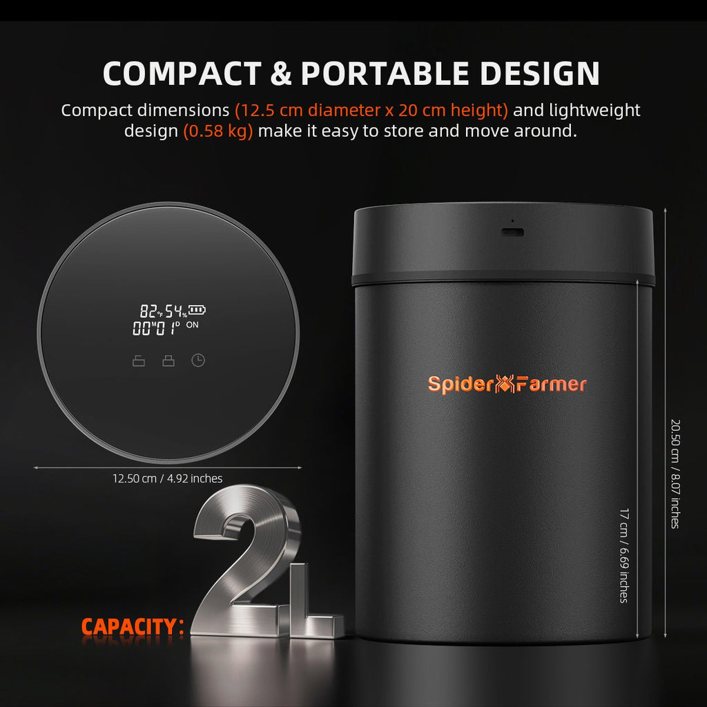 Compact Spider Farmer 2L Auto-Cure Smart Jar in sleek black — designed for easy storage with a modern digital display.