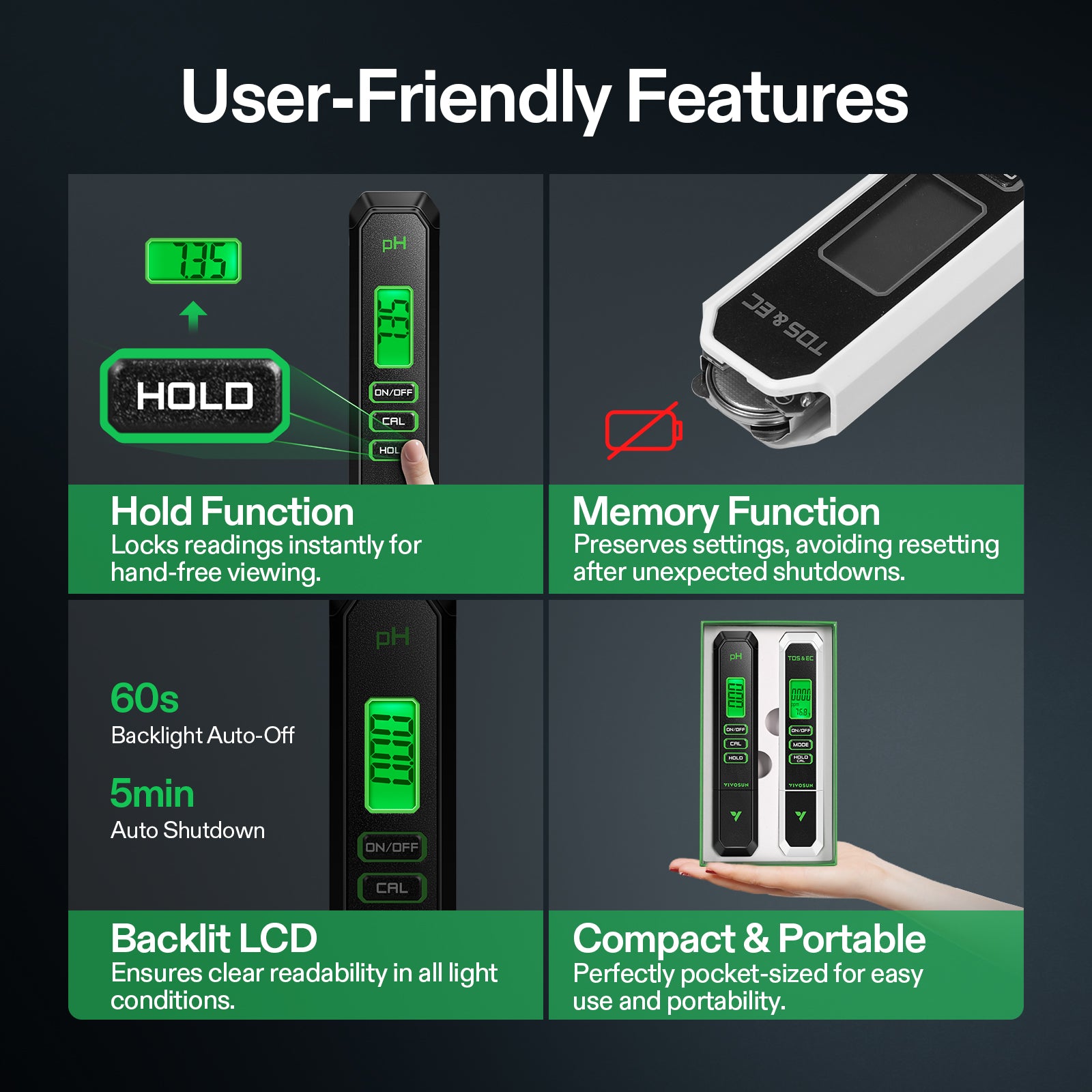 Vivosun pH and TDS meter combo set, black and white with green backlit LCD, hold function