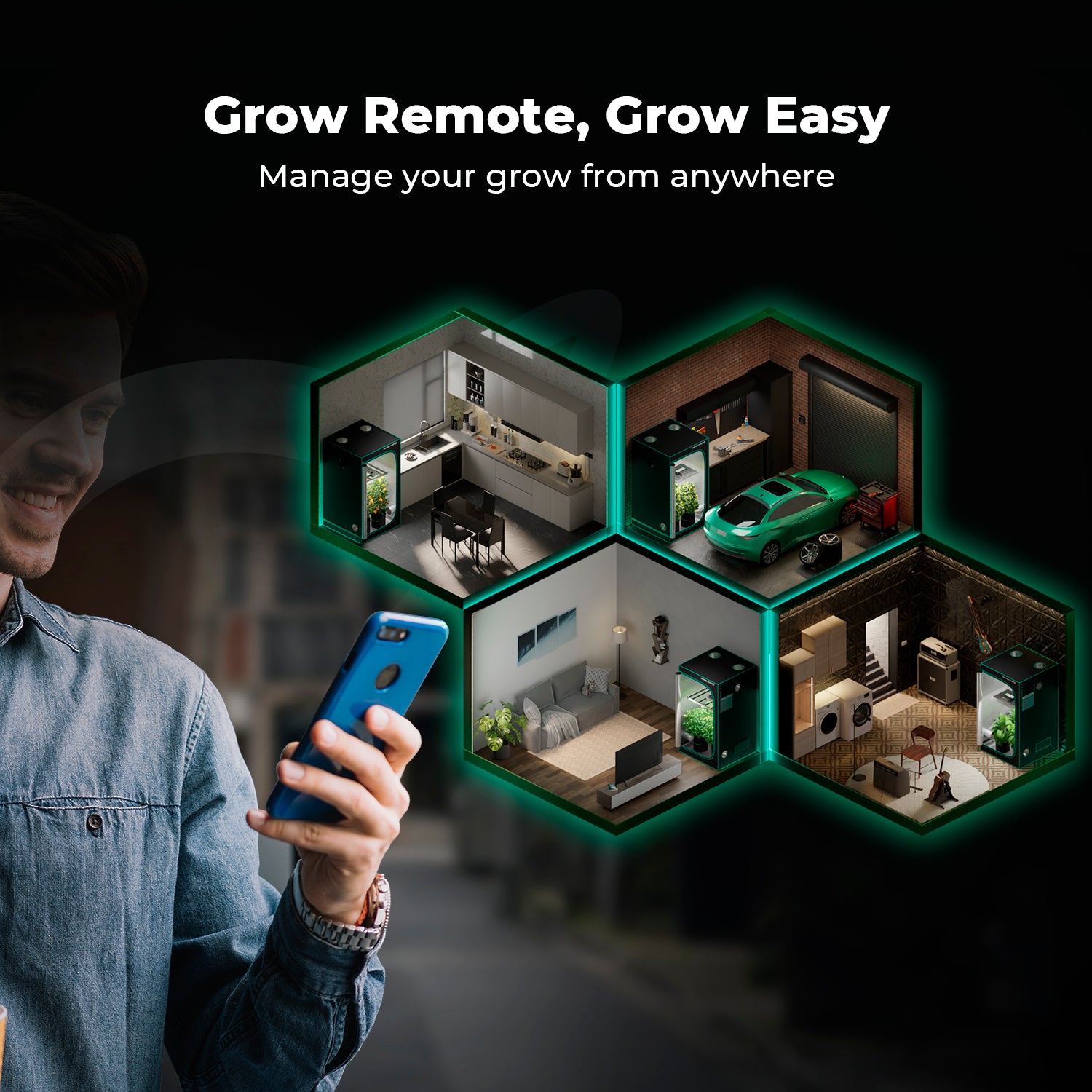 Mars Hydro grow tent complete set with 1680D diamond mylar, shown in a smart app control lifestyle scene