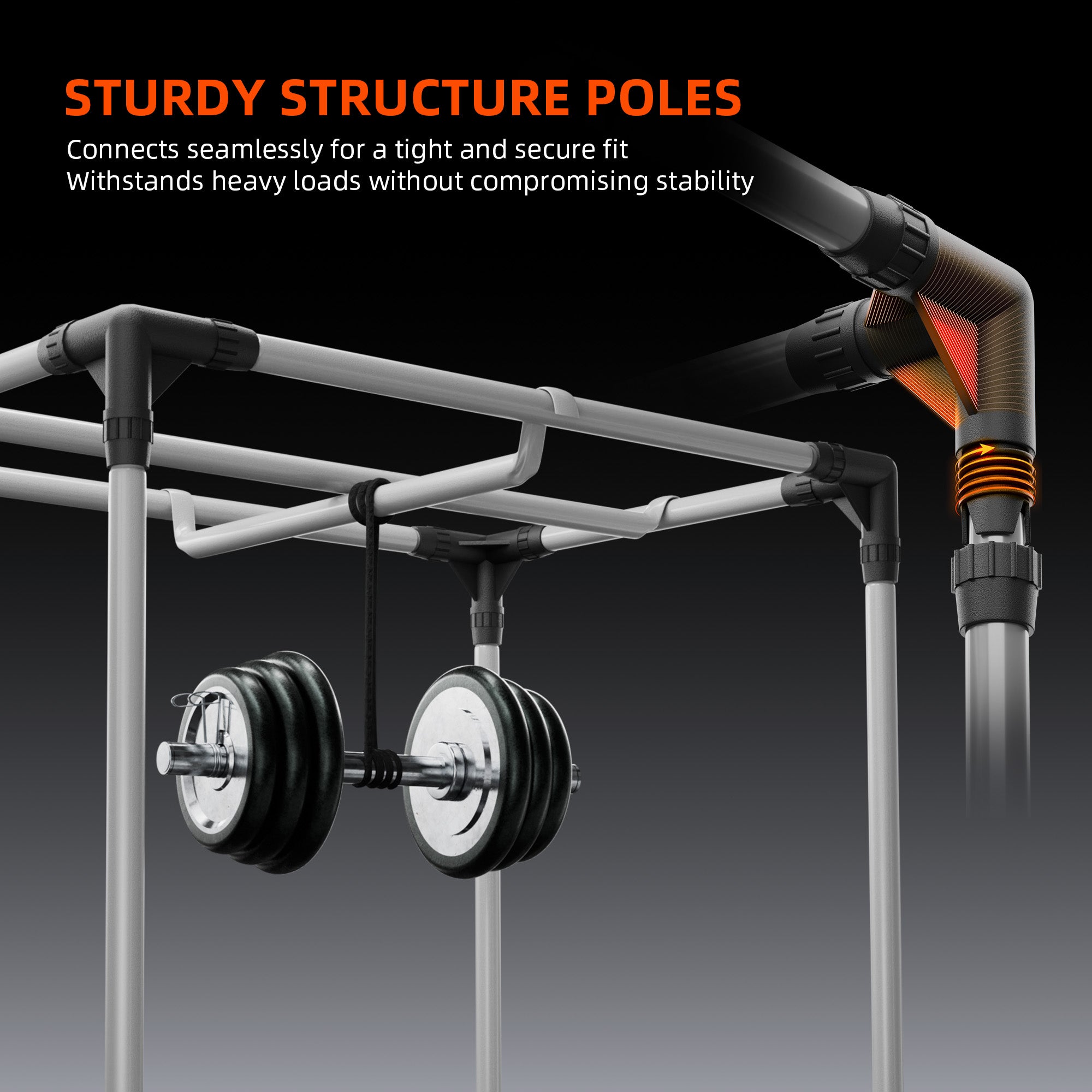 Robuste Metall-Rahmenkonstruktion mit nahtlosen Eckverbindungen für hohe Traglasten und maximale Standfestigkeit.