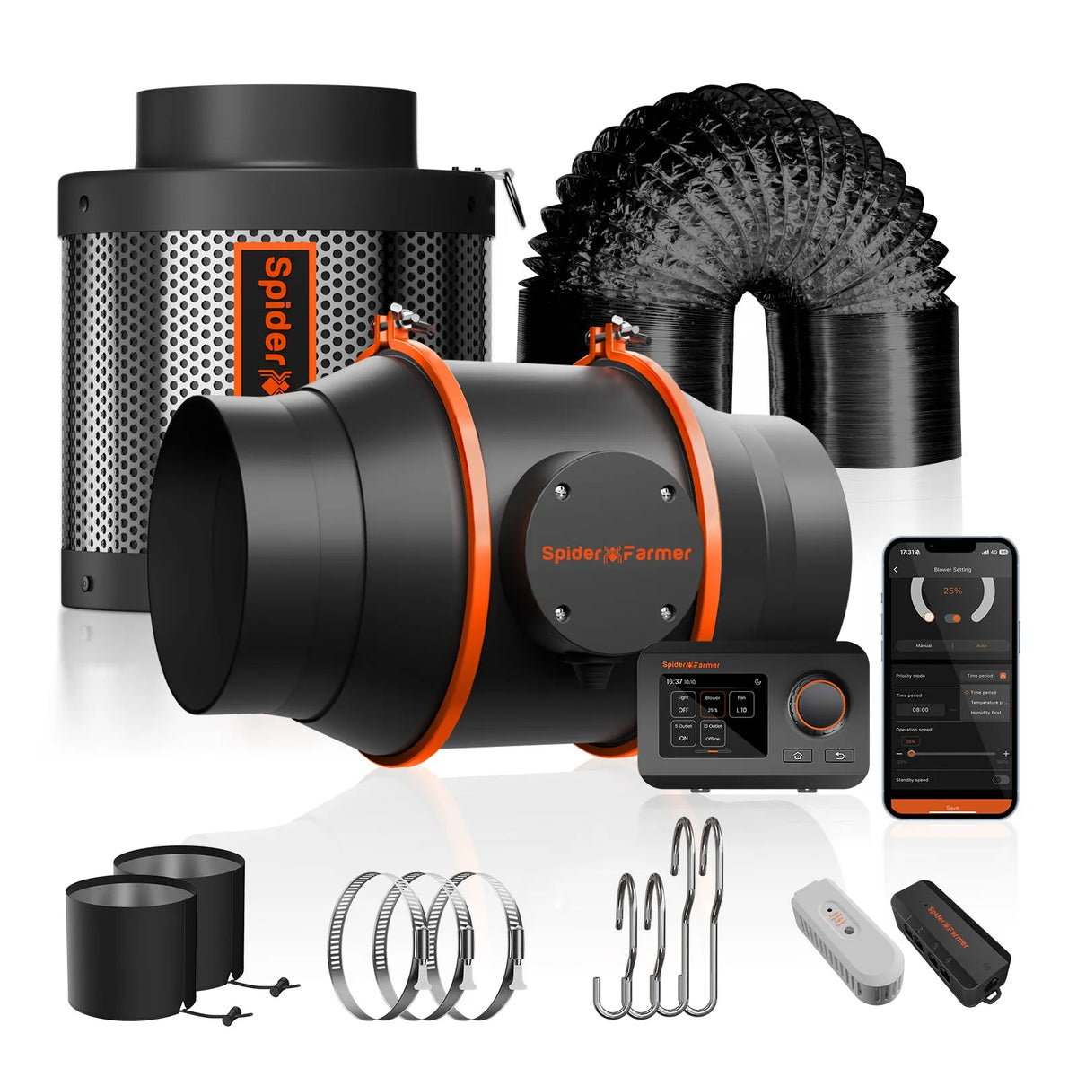 Spider Farmer 150mm smart exhaust fan kit in black with Aktivkohlefilter and GGS controller shown