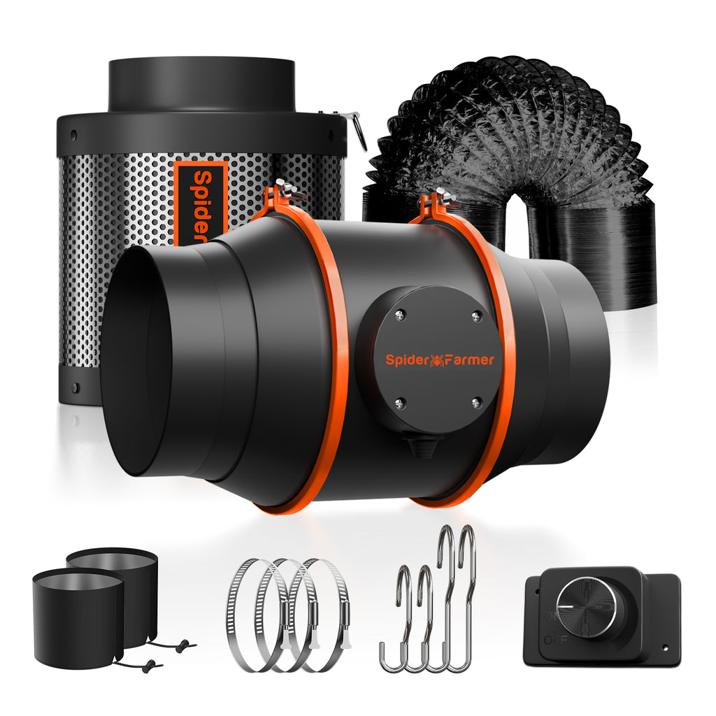 Efficient Spider Farmer 150mm ventilation system with a speed controller and activated carbon filter for optimal airflow.