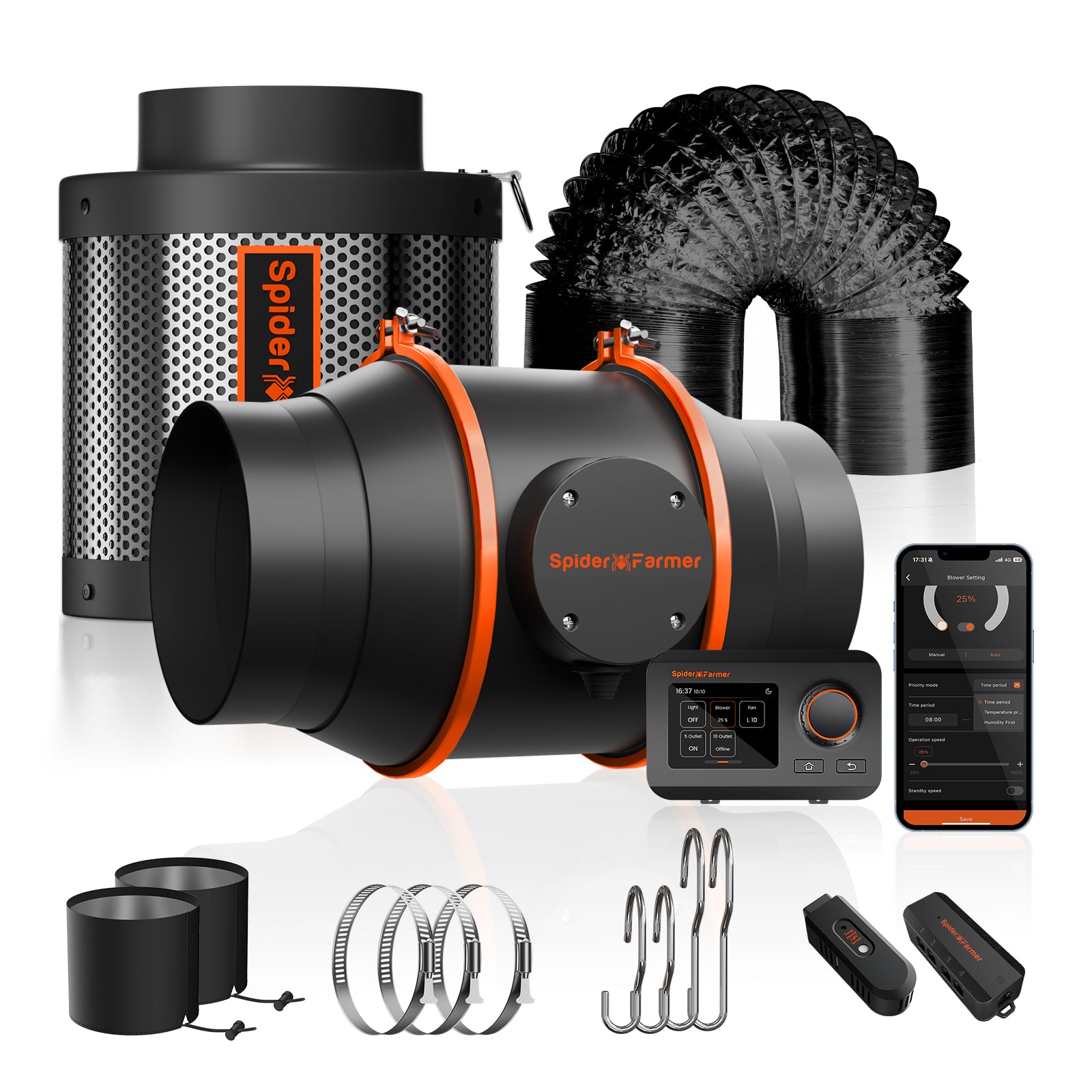 Spider Farmer 150mm exhaust set with activated carbon filter and controller — featuring durable materials for efficient airflow.