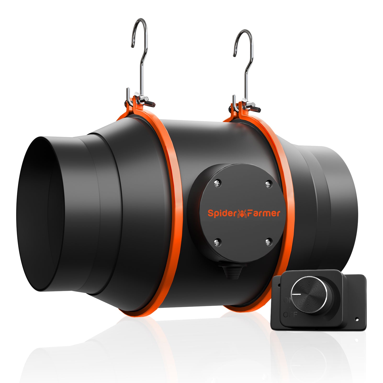 Spider Farmer 150mm exhaust fan in sleek black with orange accents — efficient airflow of 683 m³/h and integrated speed controller