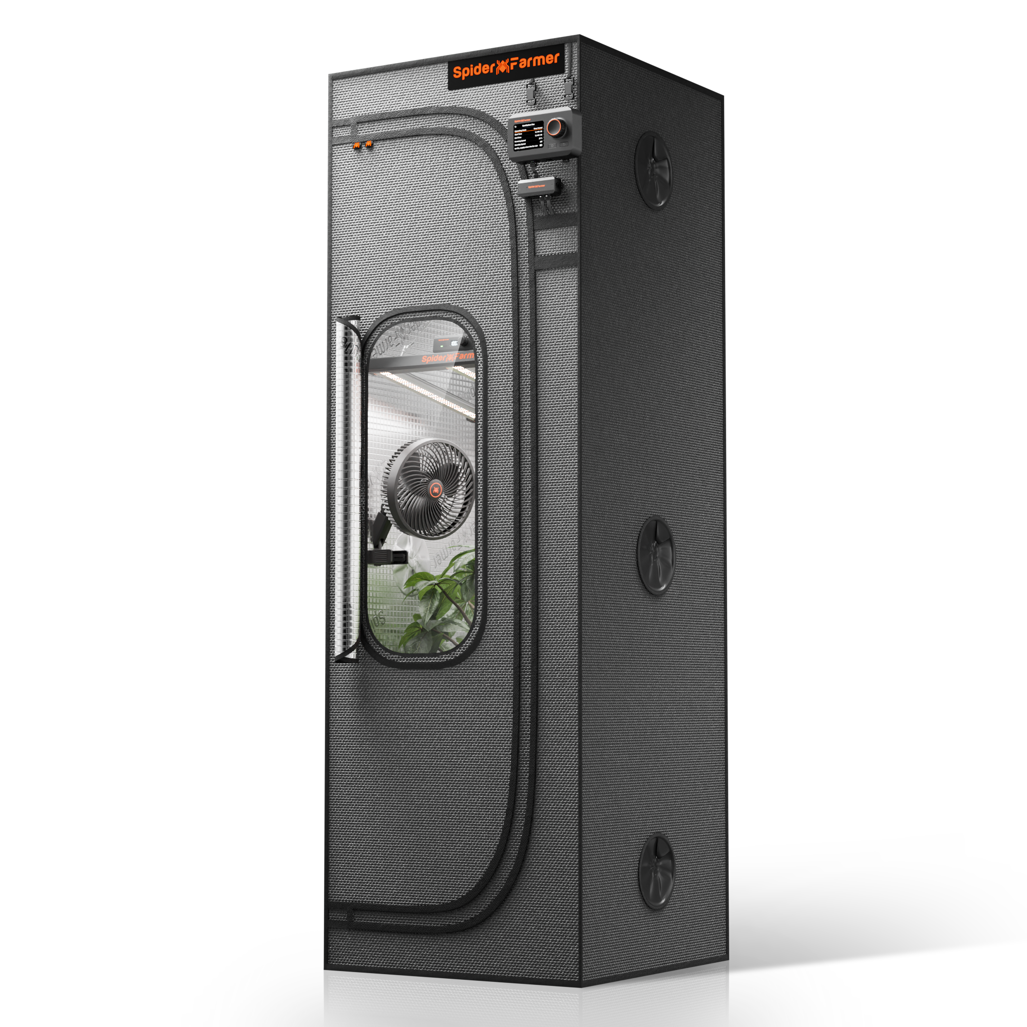 Spider Farmer grow tent in dark gray with observation window and removable waterproof base tray