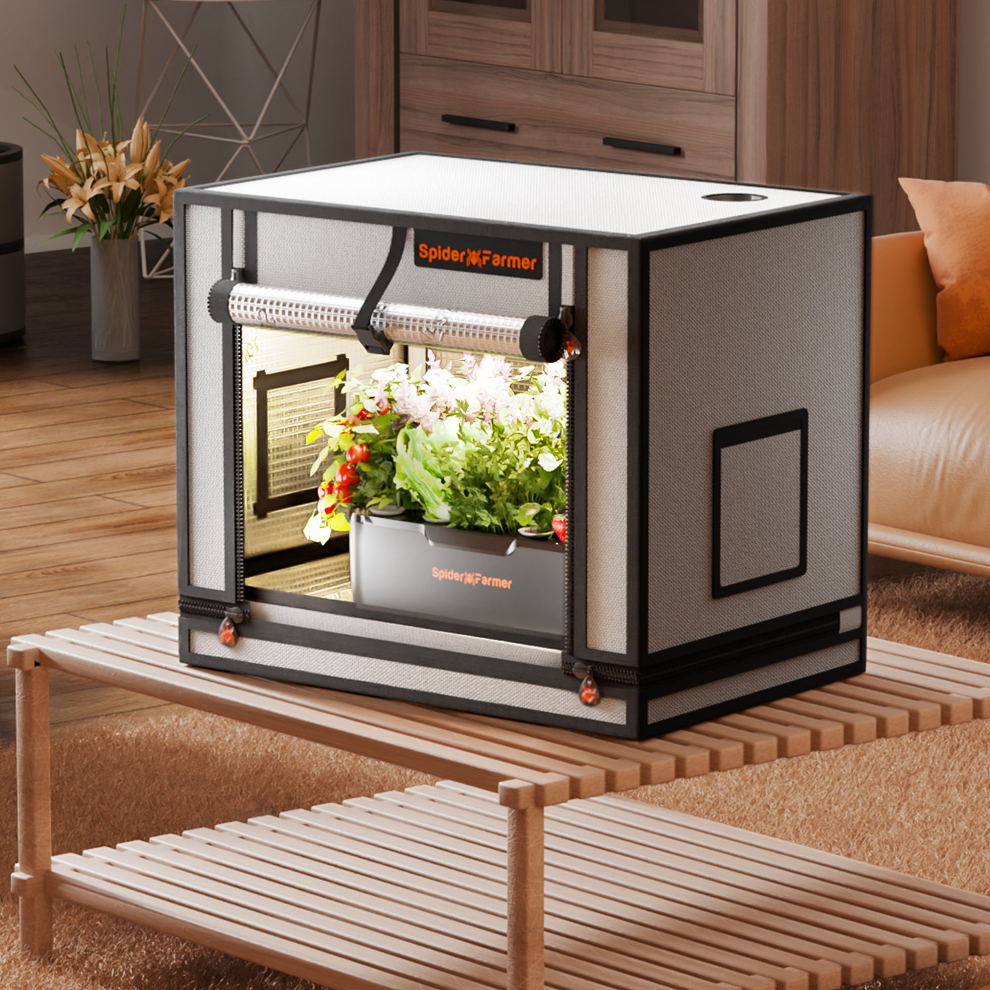 Kompaktes Spider Farmer Growzelt als ästhetische Lösung für die Pflanzenanzucht direkt auf dem Tisch oder im Wohnbereich.