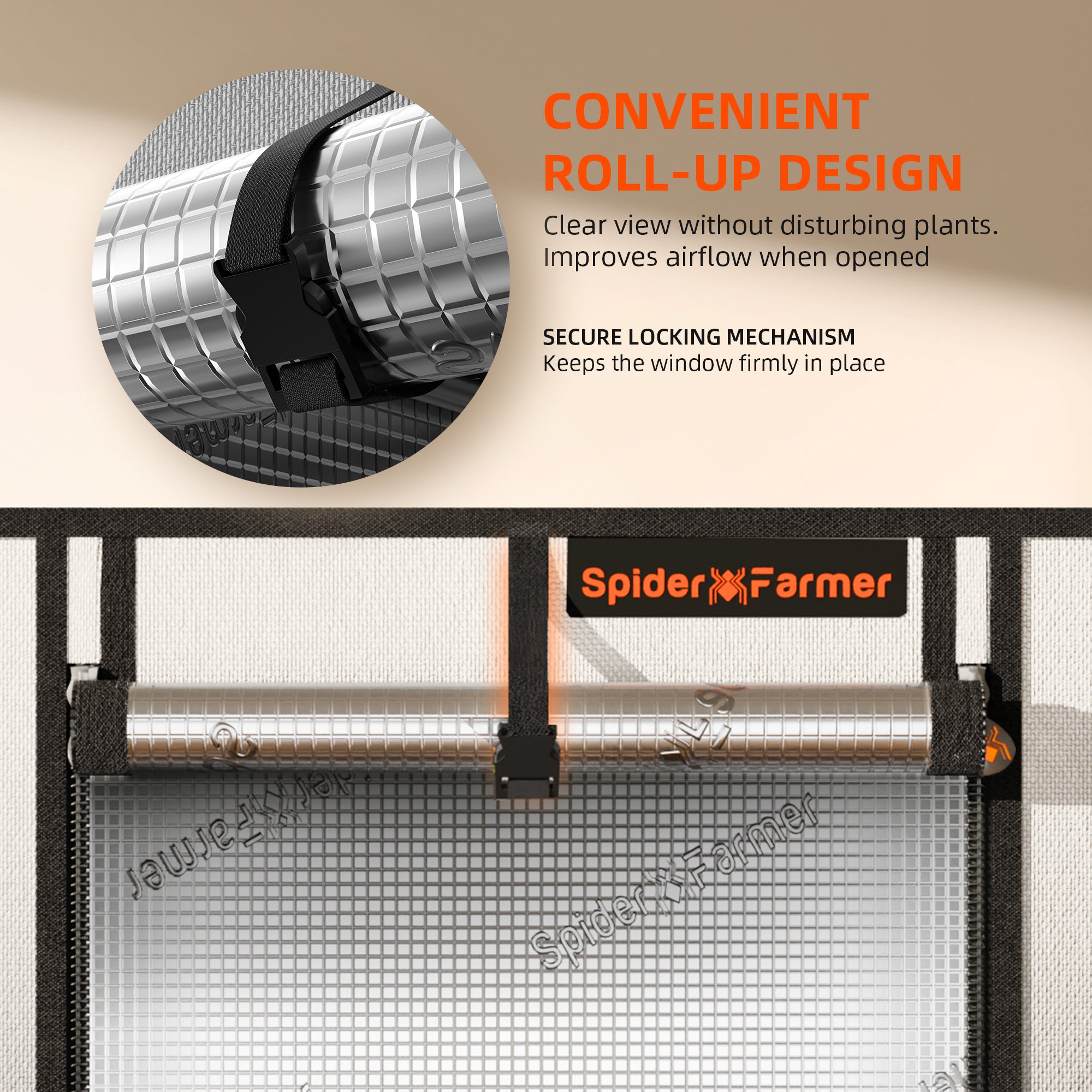 Praktisches Roll-Up Türsystem mit sicherem Verschlussmechanismus für einfachen Zugriff und optimale Luftzirkulation.
