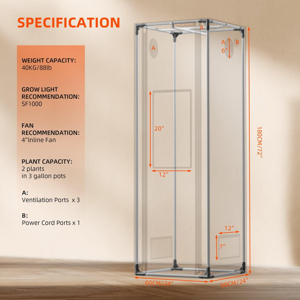 Smart Storage Detail: Nahaufnahme der seitlichen Controller-Halterung und des Kabelmanagements am Spider Farmer Pro Zelt.