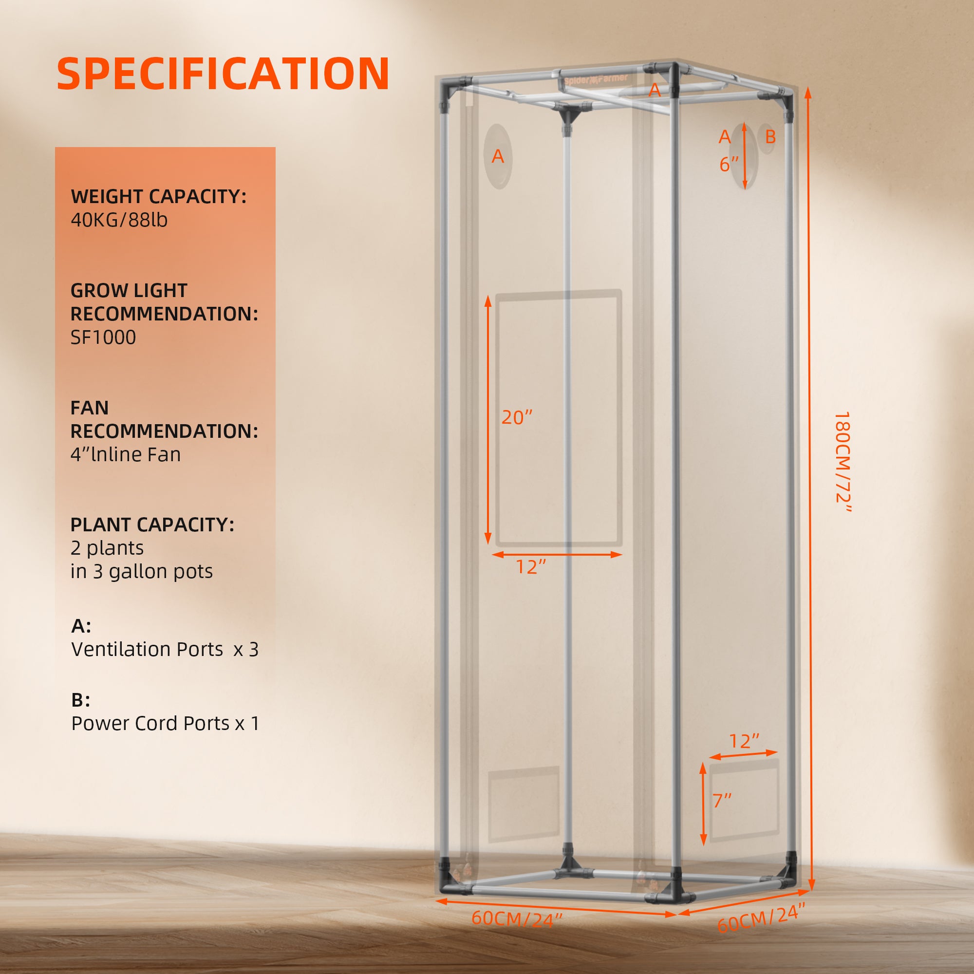 Smart Storage Detail: Nahaufnahme der seitlichen Controller-Halterung und des Kabelmanagements am Spider Farmer Pro Zelt.