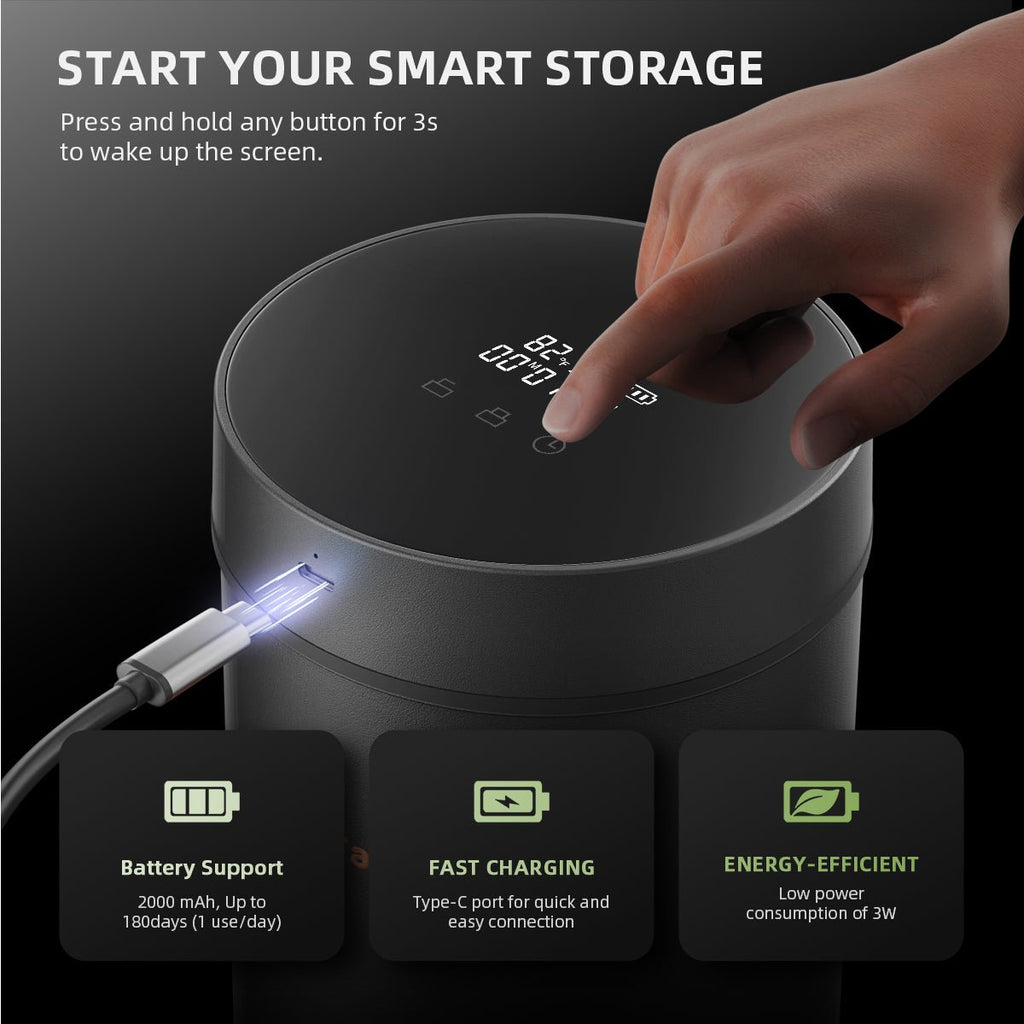 Spider Farmer 2L Auto-Cure Smart Jar in sleek black with a touch-sensitive display — designed for efficient curing and storage.