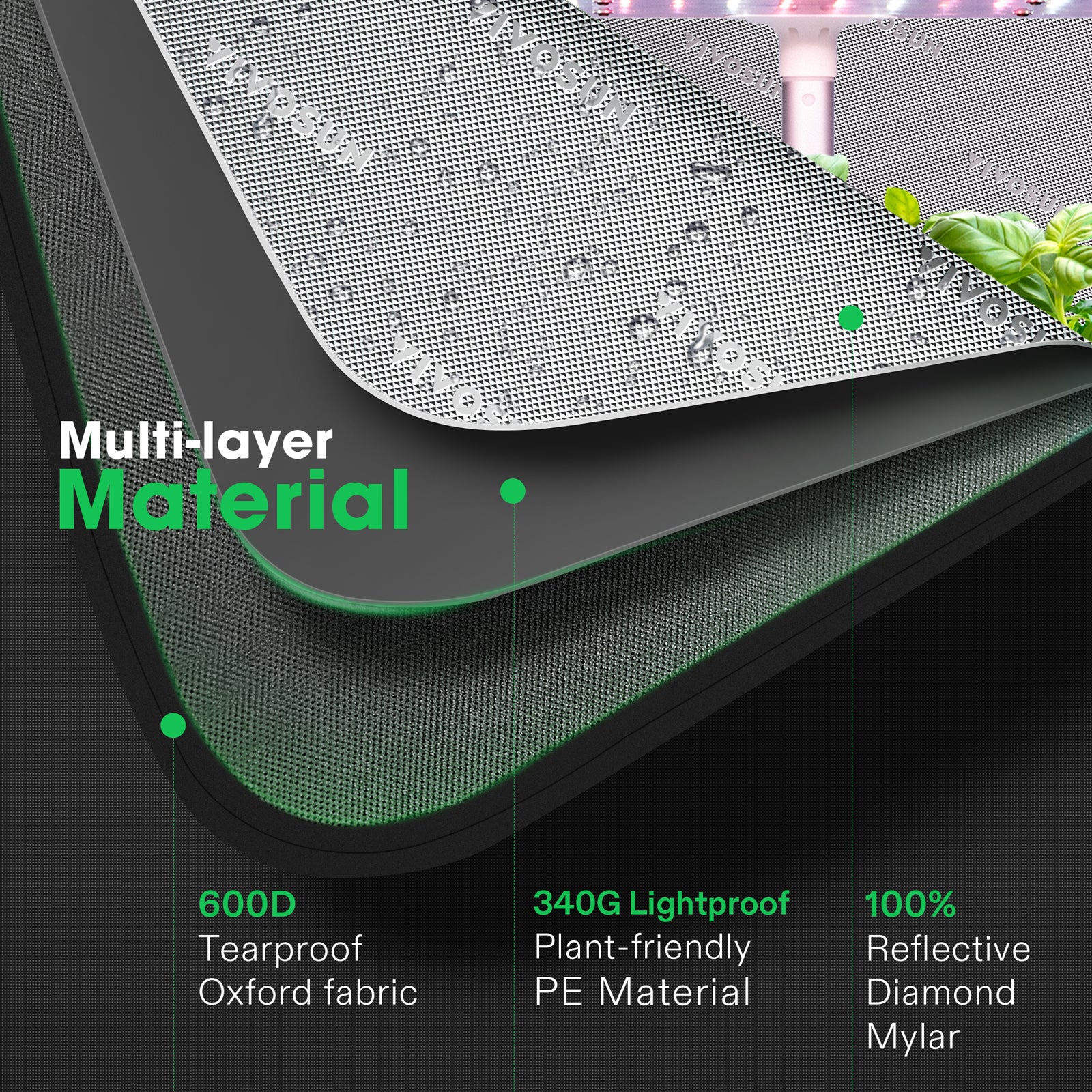 Vivosun growbox tent in green 600D Oxford fabric, 50x36x54 cm with lightproof PE layer