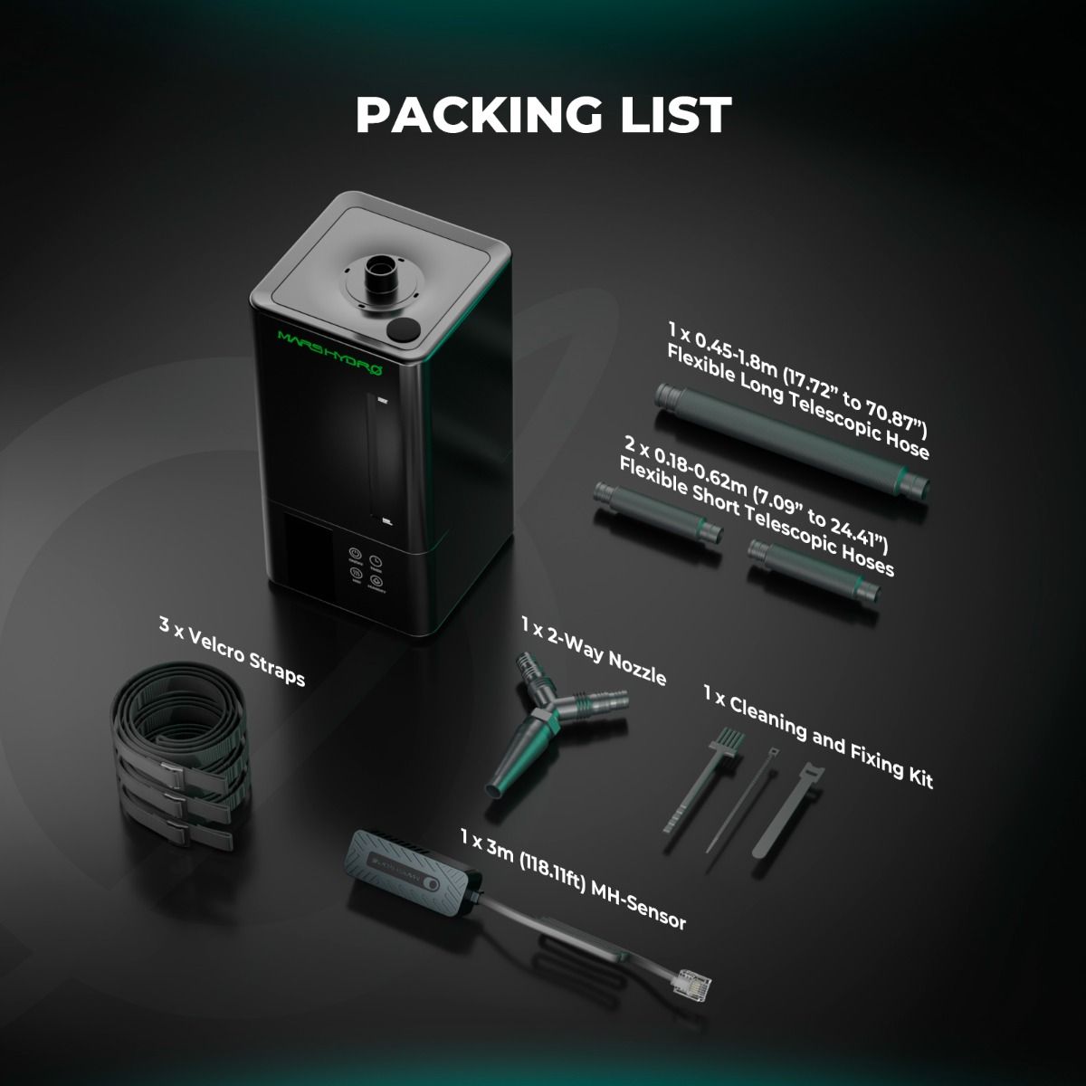 Lieferumfang Mars Hydro 6L Luftbefeuchter Set: Inklusive externem Klimasensor, Fernbedienung und Reinigungsbürste – Alles für die professionelle Feuchtigkeitsregulierung.