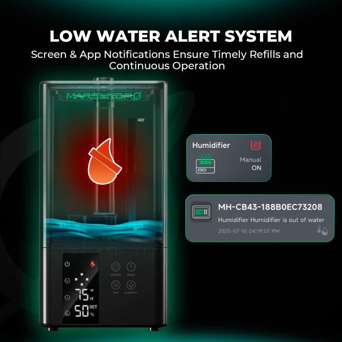 6-Liter-Wassertank für lange Betriebszeiten – Mars Hydro Luftbefeuchter mit großer Kapazität für weniger Nachfüllintervalle im Indoor-Garten.