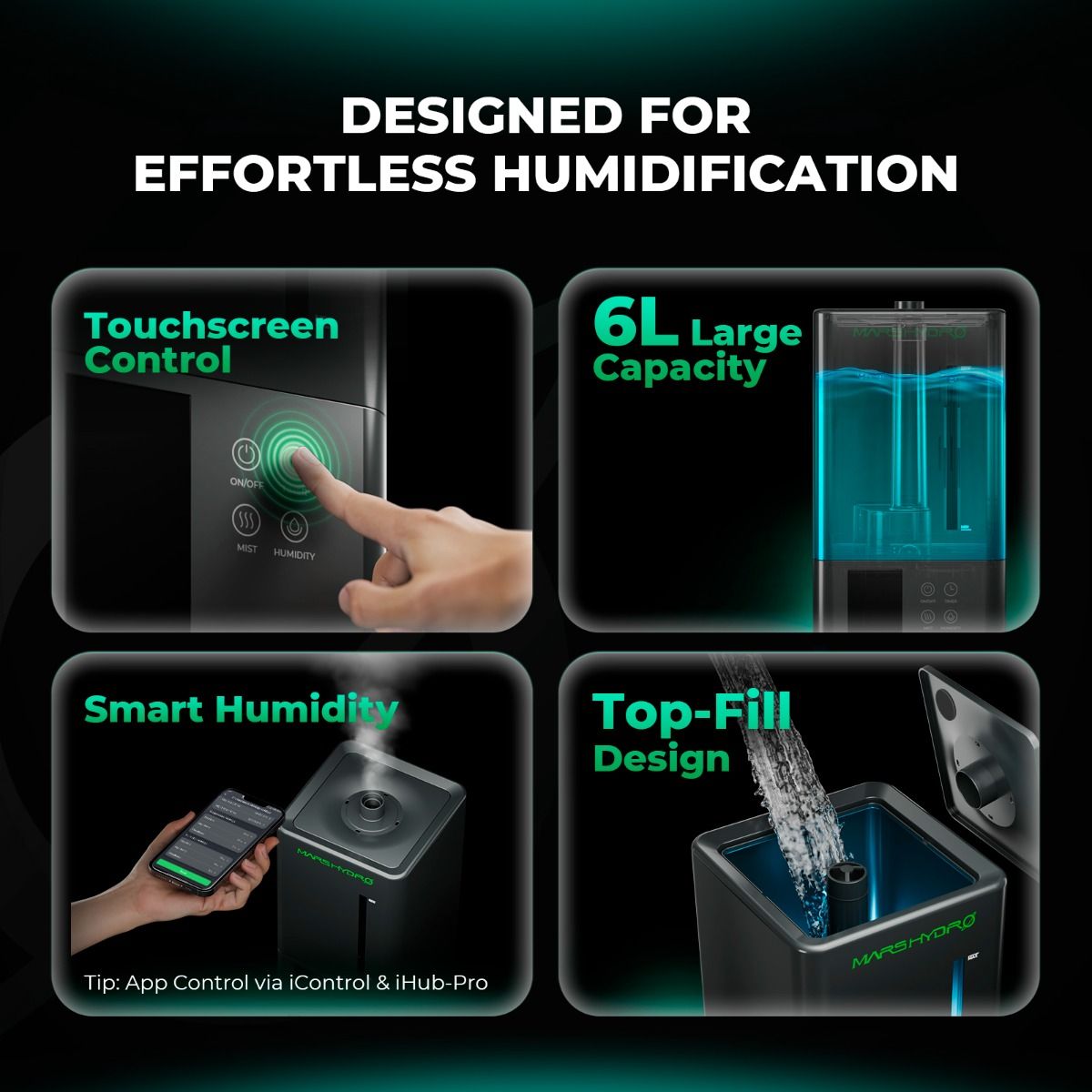 Benutzerfreundliches LED-Display und Fernbedienung für den Mars Hydro Befeuchter – Einfache Einstellung der Nebelintensität und Zielfeuchtigkeit von außerhalb des Growzelts.