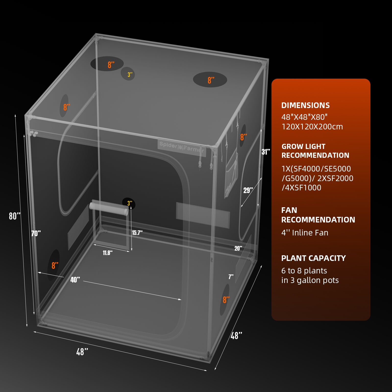 Set-Komponenten: Übersicht aller Bestandteile des Spider Farmer 120x120x200 cm Upgraded Pakets inklusive Montage-Zubehör.