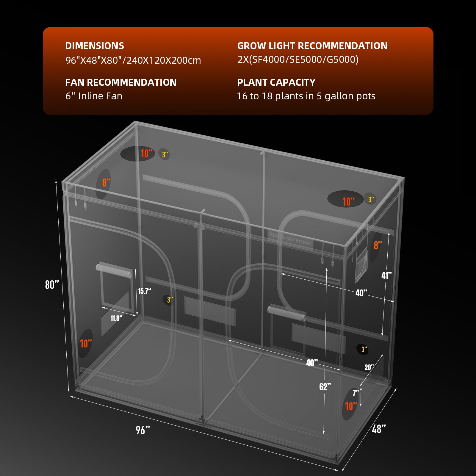 Set-Komponenten: Übersicht aller Bestandteile des Spider Farmer 240x120x200 cm Upgraded Pakets inklusive Montage-Zubehör.