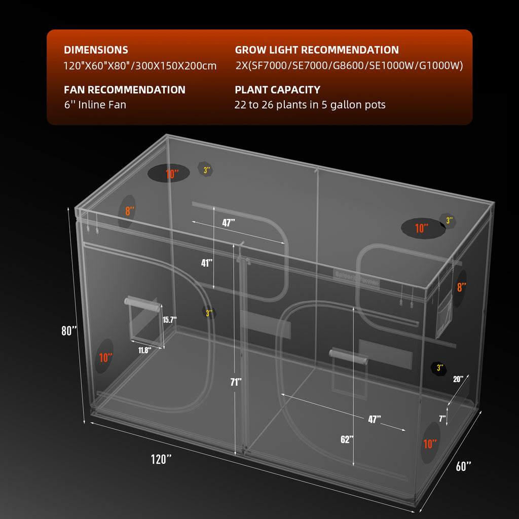 Spider-Farmer-300x150-Abmessungen-Grafik: Technische Zeichnung der 300x150x200cm Dimensionen für professionelle Raumplanung.