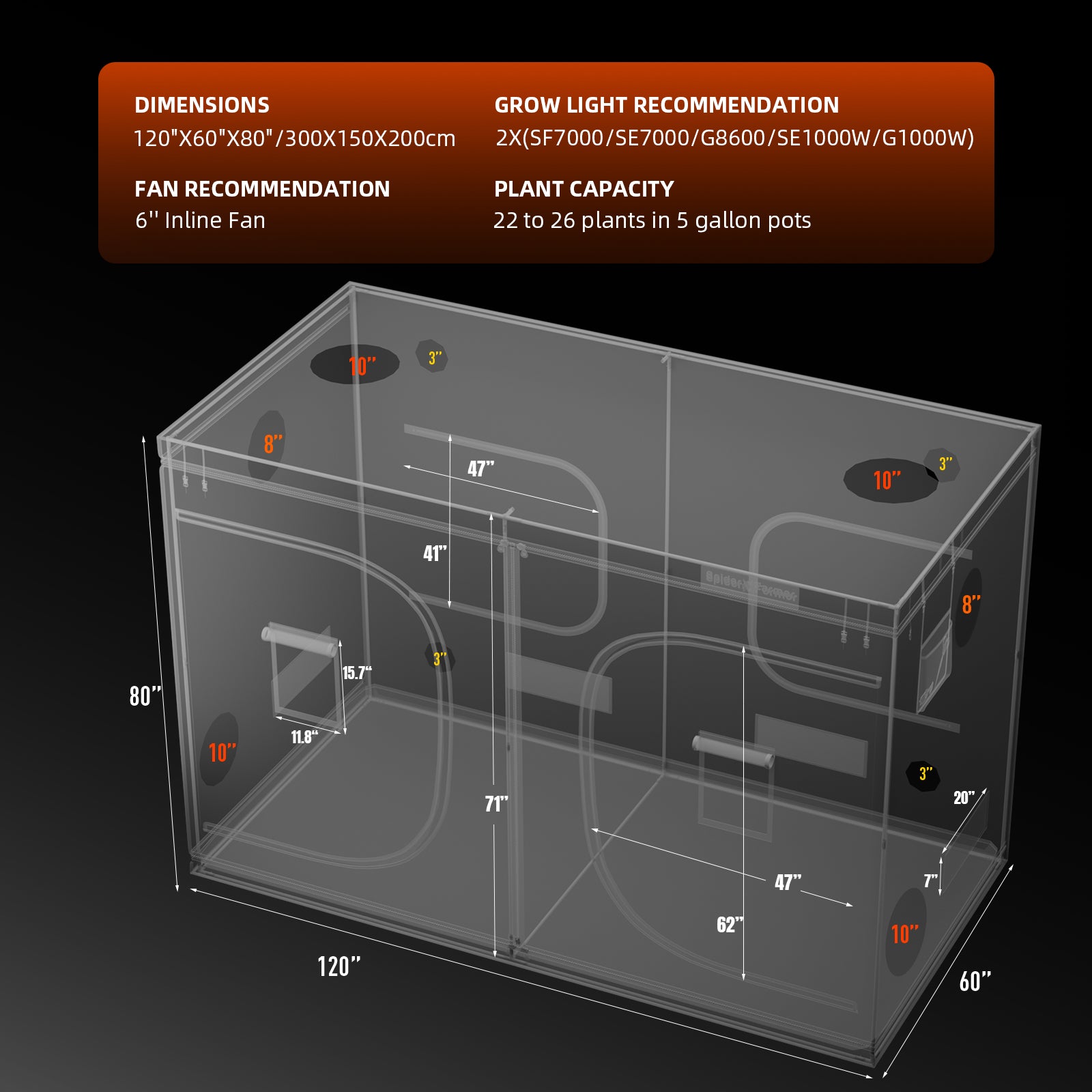 Spider-Farmer-300x150-Abmessungen-Grafik: Technische Zeichnung der 300x150x200cm Dimensionen für professionelle Raumplanung.