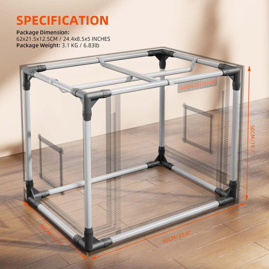 Übersichtsgrafik der 60x40x50 cm Spider Farmer Box mit Details zu Abmessungen, Gewicht und Belüftungsports.