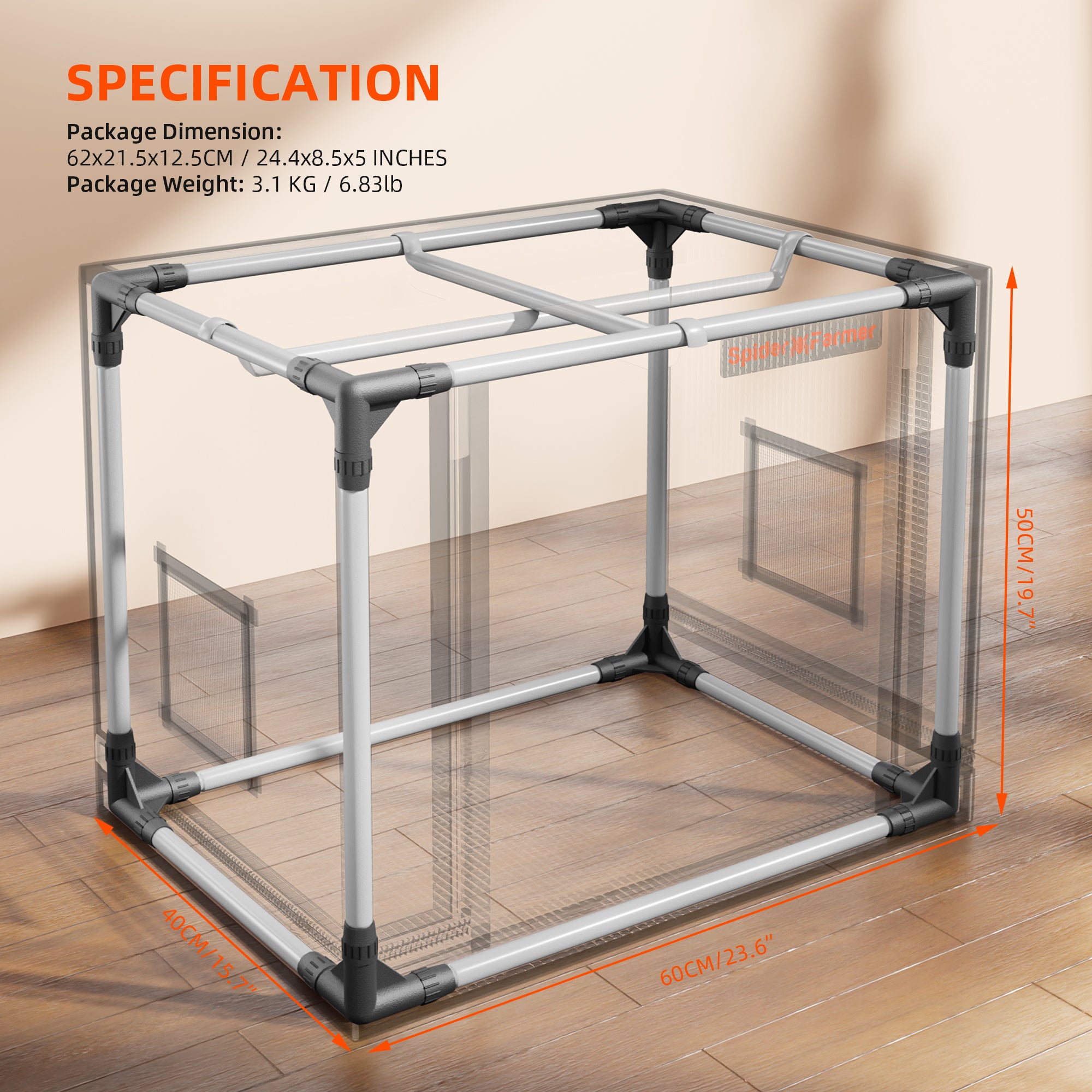 Übersichtsgrafik der 60x40x50 cm Spider Farmer Box mit Details zu Abmessungen, Gewicht und Belüftungsports.
