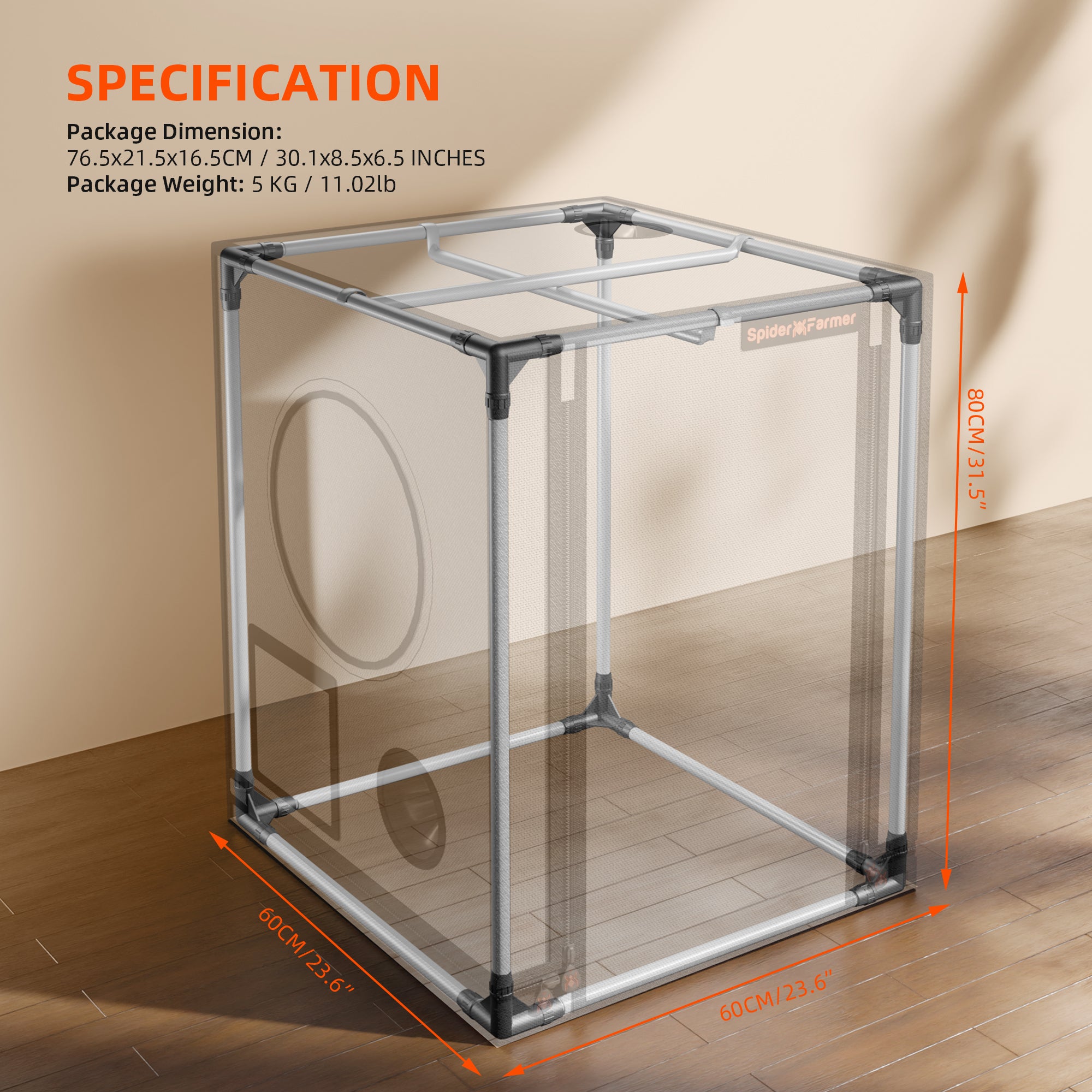 Abmessungen 60x60x80 cm: Detailansicht der Belüftungsanschlüsse und des stabilen Rahmensystems.