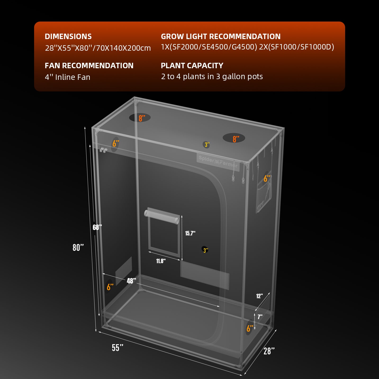 Belüftungskonzept: Abbildung der doppelten Belüftungsanschlüsse am Spider Farmer Zelt für kontrollierten Luftstrom.