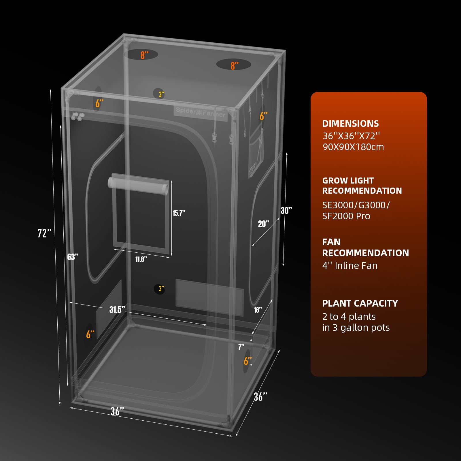 Set-Komponenten: Übersicht aller Bestandteile des Spider Farmer 90x90x180 cm Upgraded Pakets inklusive Montage-Zubehör.