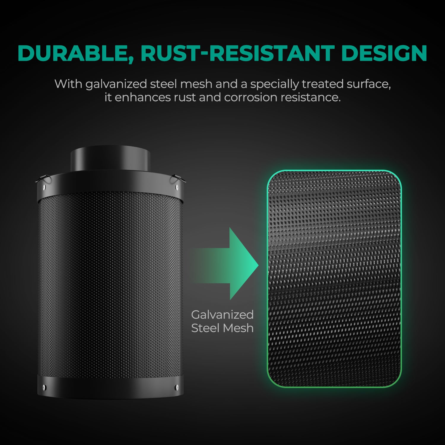 Robustes Gehäuse des Mars Hydro Filters mit verzinktem Stahlgitter im Detail.