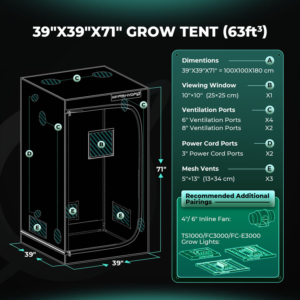 Mars Hydro grow tent in black with 1680D diamond mylar, 100 x 100 x 180 cm setup diagram and ventilation ports
