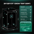 Mars Hydro grow tent in black with 1680D diamond mylar, 100 x 100 x 180 cm setup diagram and ventilation ports
