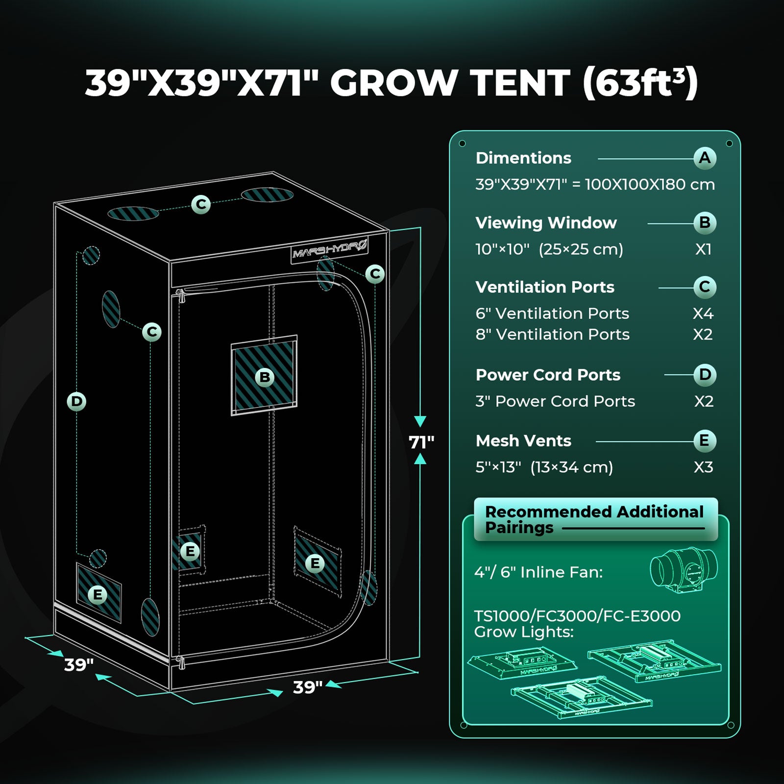 Mars Hydro grow tent in black with 1680D diamond mylar, 100 x 100 x 180 cm setup diagram and ventilation ports