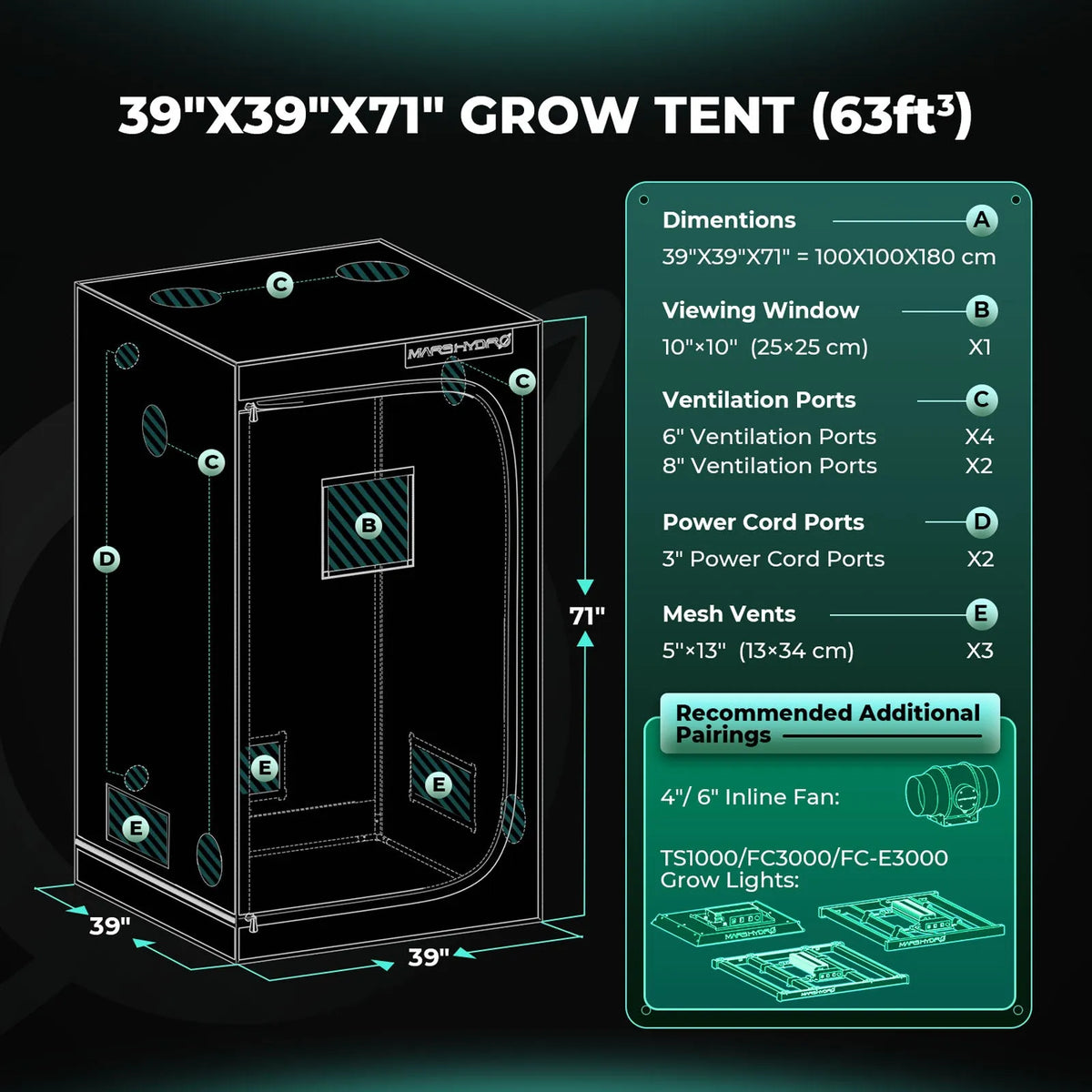 Mars Hydro grow tent in black with 1680D diamond mylar, 100 x 100 x 180 cm setup diagram and ventilation ports