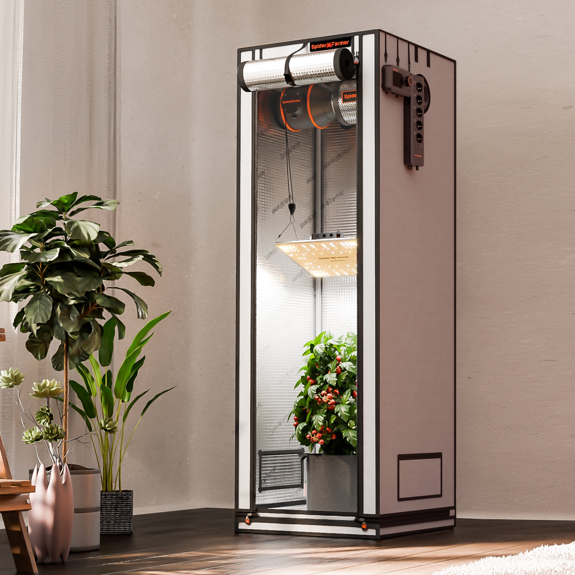 Innenraum (Bestückt): Voll ausgestattetes 60x60x180 cm Spider Farmer Pro Zelt mit installierter LED-Beleuchtung und organisiertem Kabelweg.