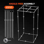 White metal frame rack with labeled assembly joints, eight poles, connector pieces, and a 36 by 36 by 70 inch diagram