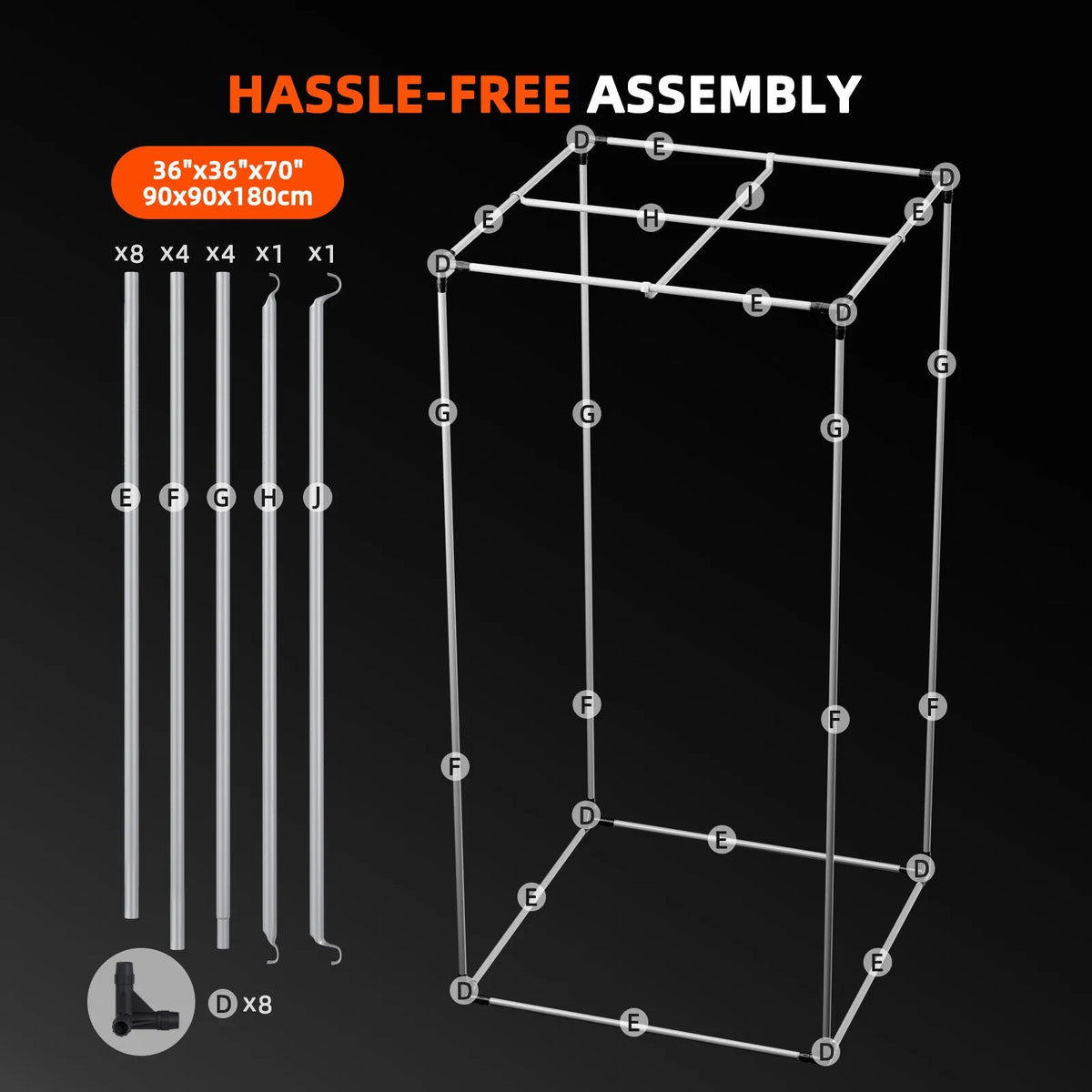 White metal frame rack with labeled assembly joints, eight poles, connector pieces, and a 36 by 36 by 70 inch diagram