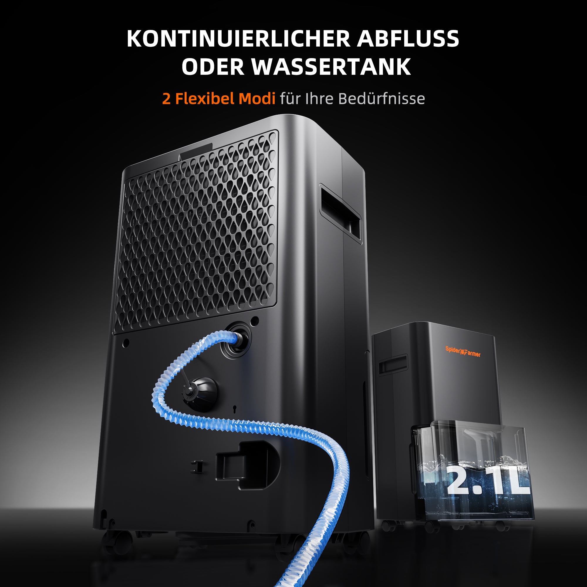 Spider Farmer Luftentfeuchter mit Schlauchanschluss für kontinuierliche Entwässerung – Verhindert Systemstopps durch volle Wassertanks in der kritischen Blütephase.