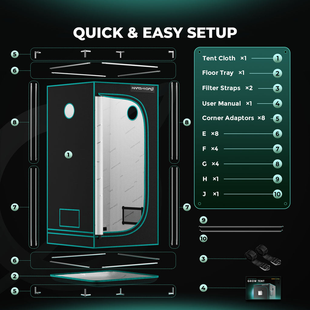 Mars Hydro grow tent setup with LED growth lamp and Smart Control, shown in 80 x 80 x 160 cm size diagram