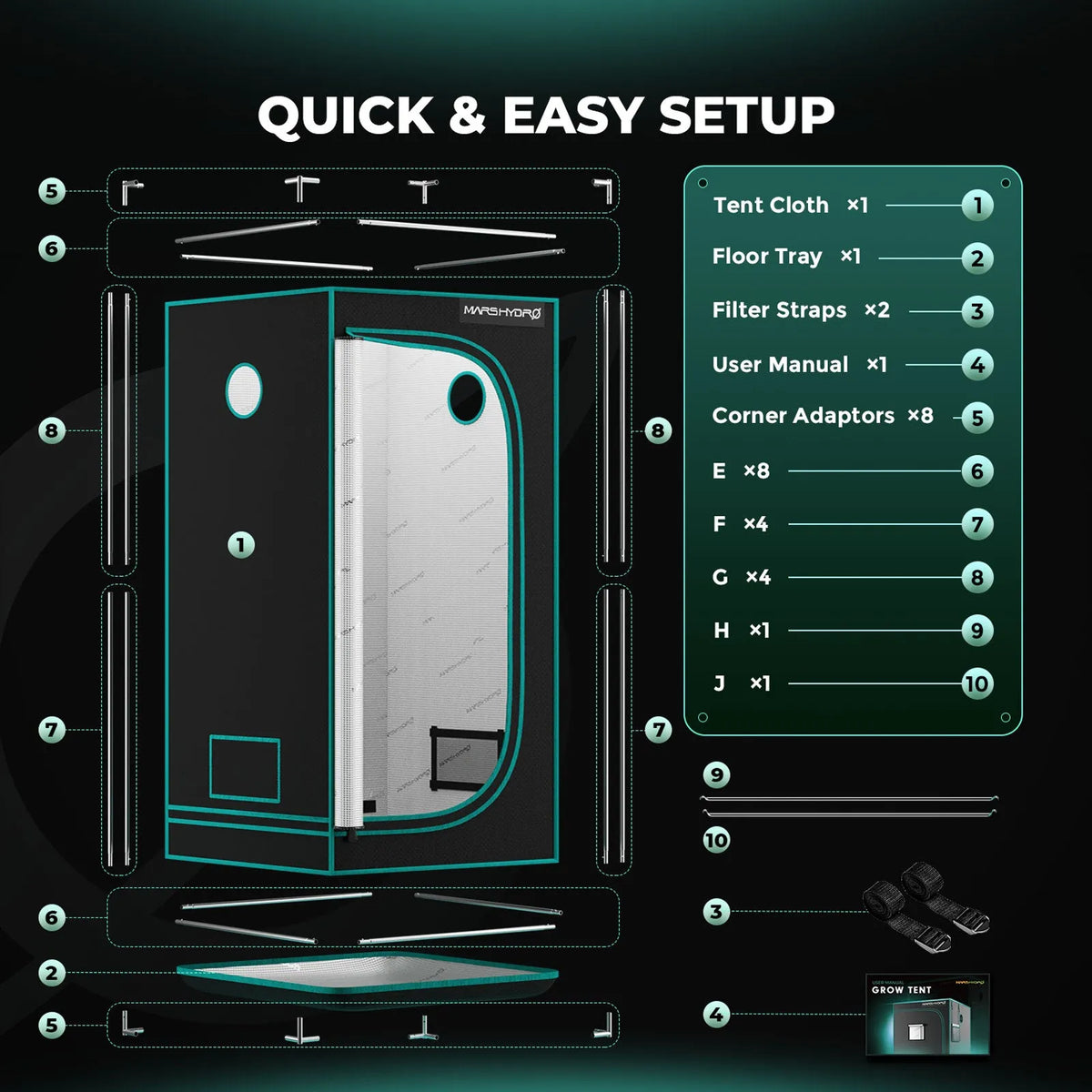 Mars Hydro grow tent setup with LED growth lamp and Smart Control, shown in 80 x 80 x 160 cm size diagram