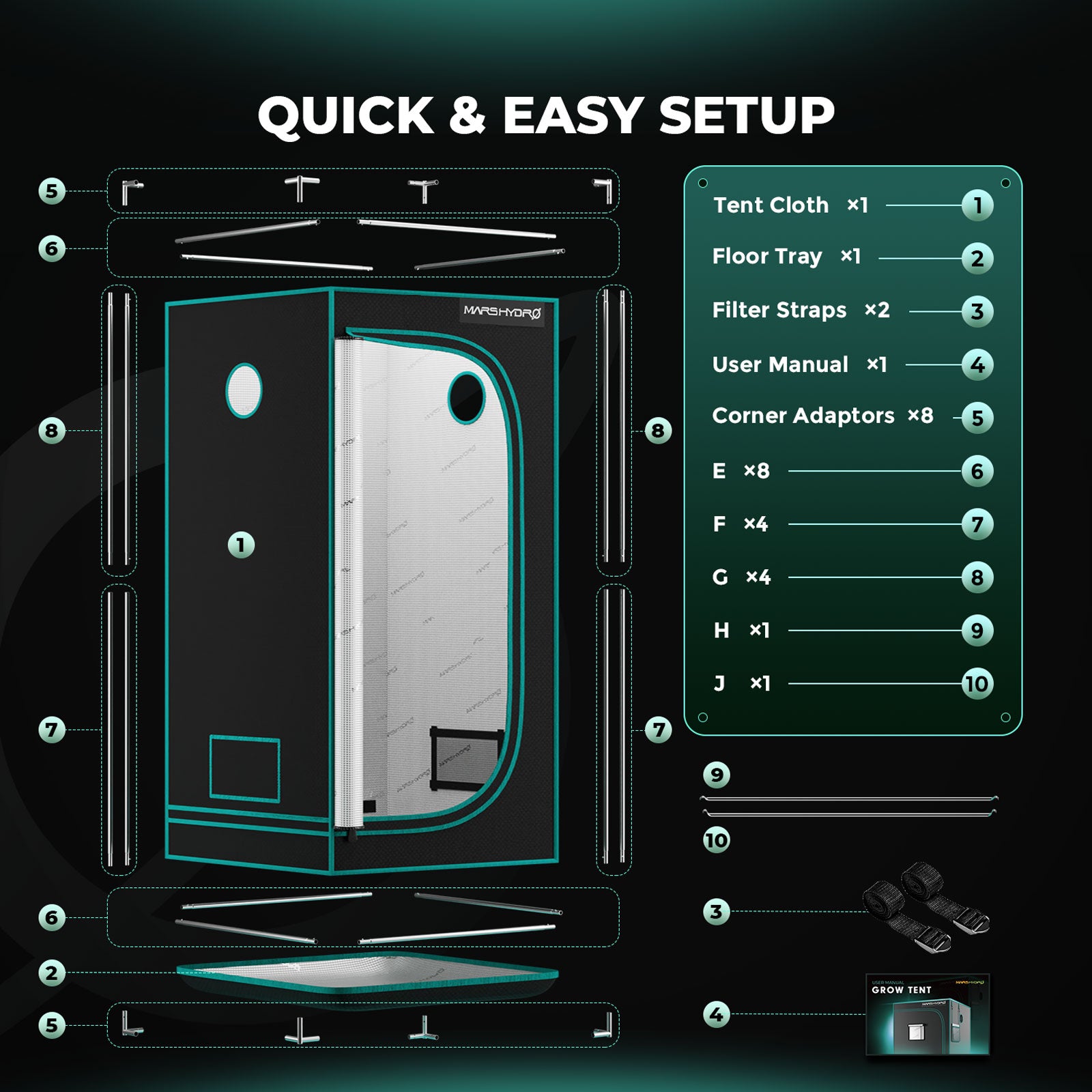 Mars Hydro FC1500-B smart grow tent kit in teal and black with 150W LED grow light