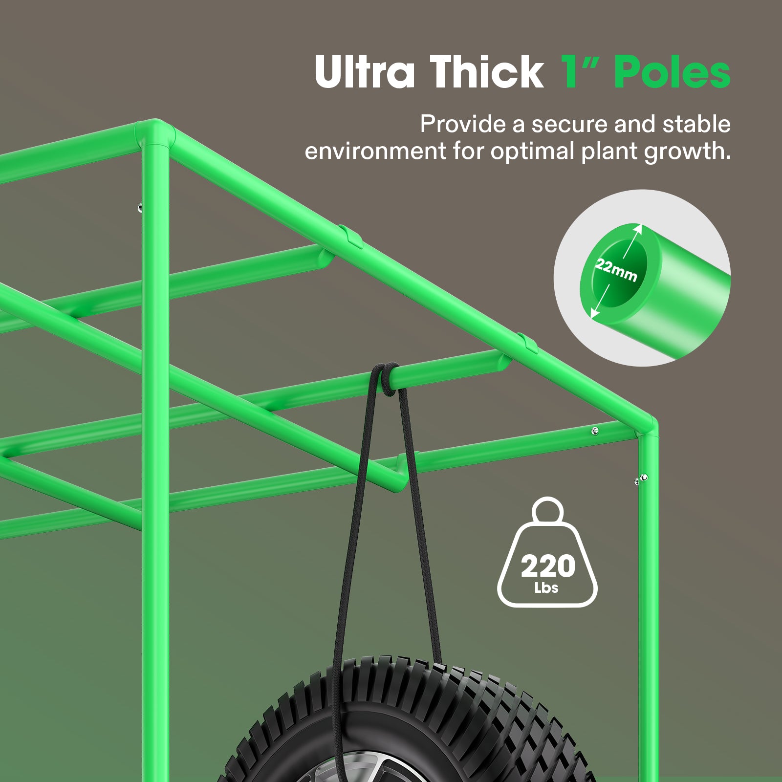 Vivosun Growbox Pro grow tent with green ultra-thick 1-inch poles and 22mm diameter