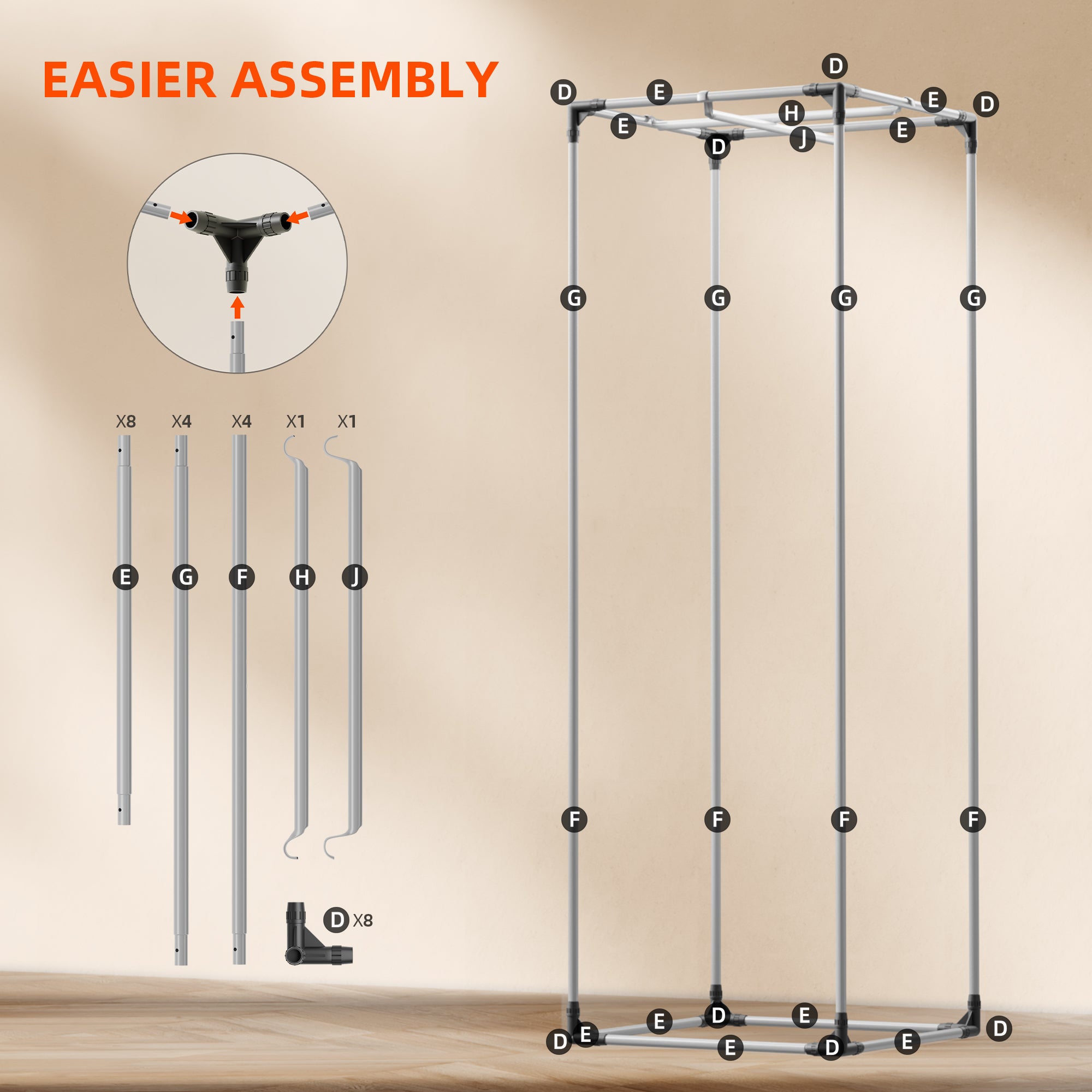 Werkzeugloser Aufbau:
„Einfacher und schneller Aufbau des Spider Farmer Pro Zelts: Nummerierte Rahmenteile aus Metall und nahtlose Eckverbindungen für maximale Stabilität ohne Werkzeug.