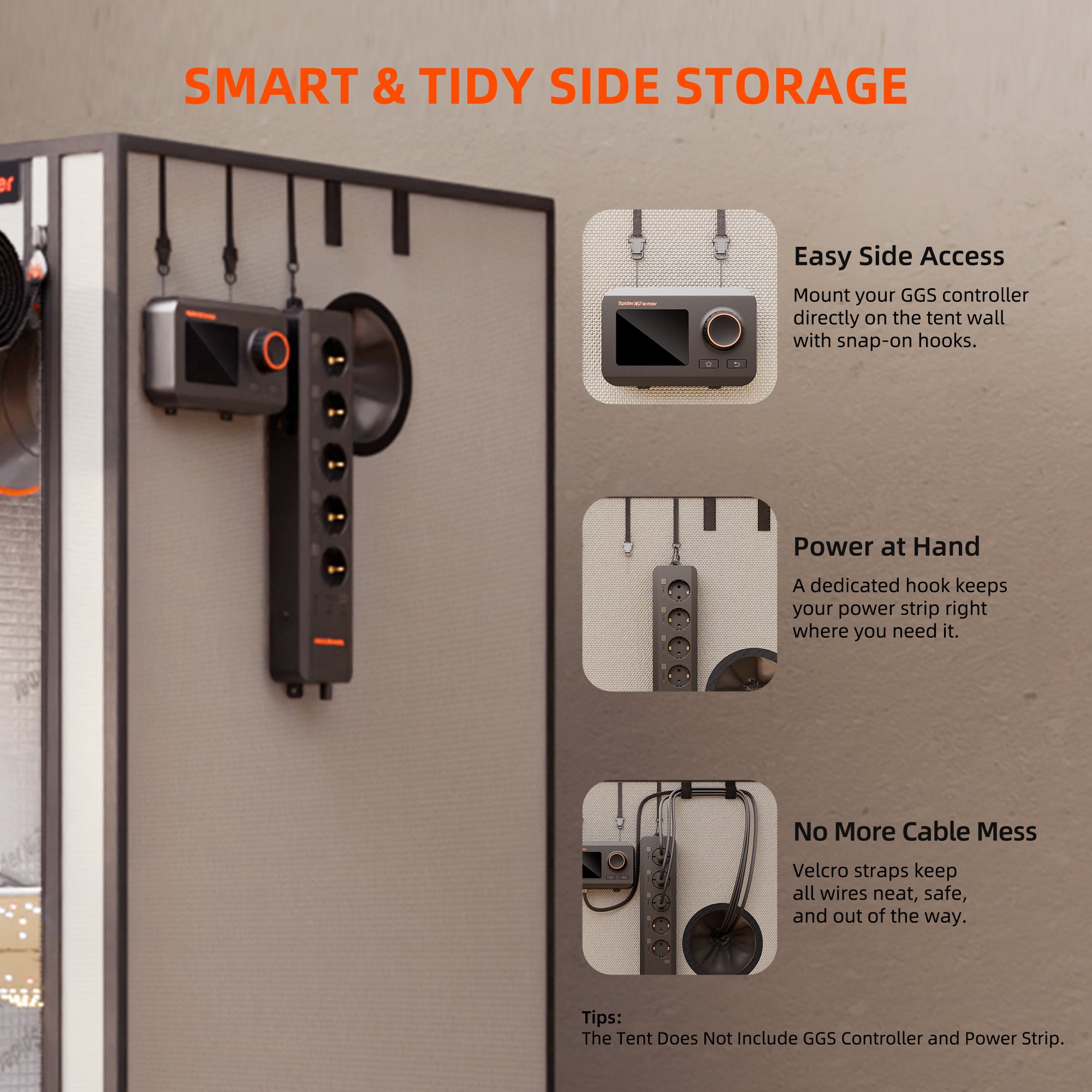 Smart Storage Detail: Nahaufnahme der seitlichen Controller-Halterung und des Kabelmanagements am Spider Farmer Pro Zelt.