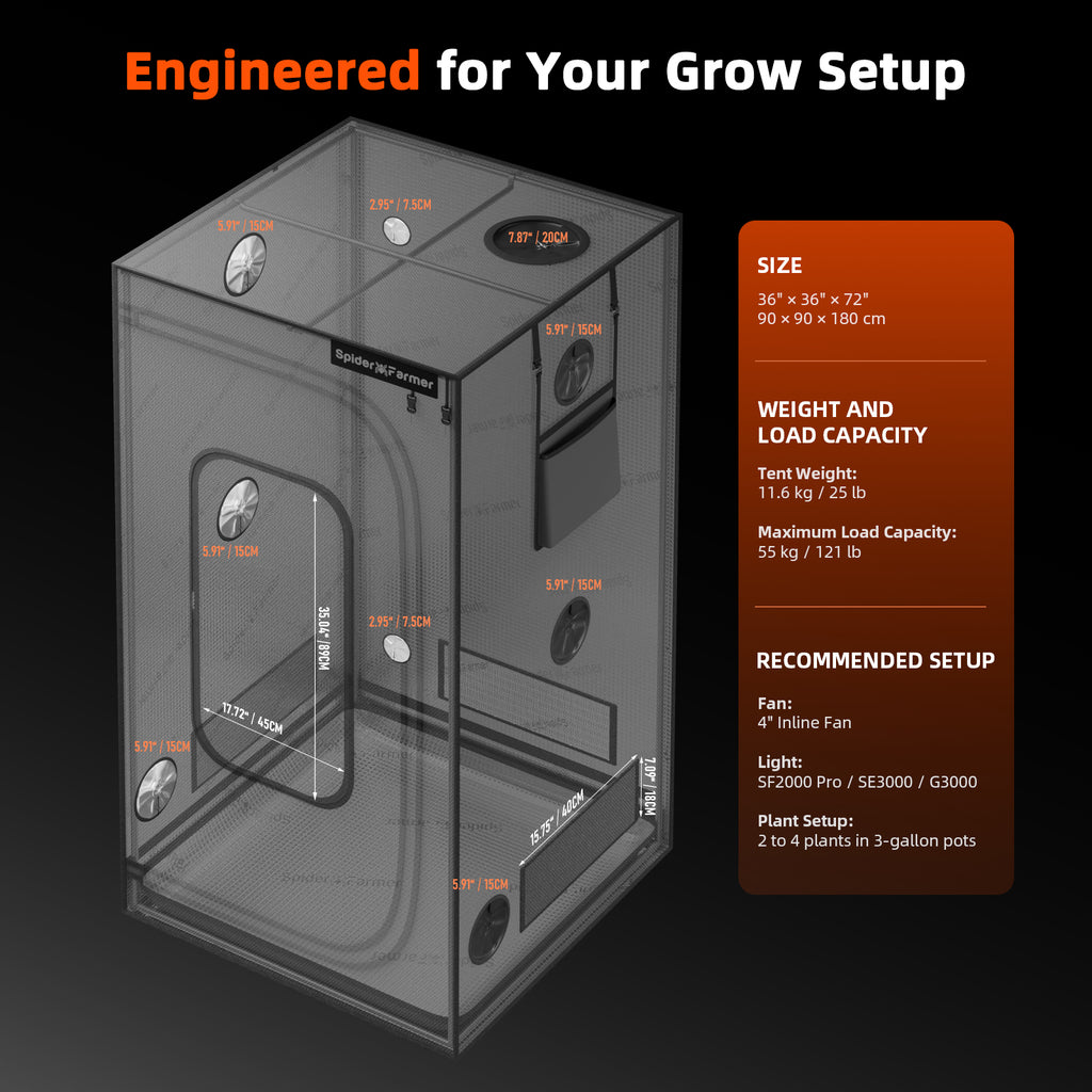 Spider Farmer 90 x 90 x 180 cm grow tent in 2000D Oxford with Mylar inner lining and observation window