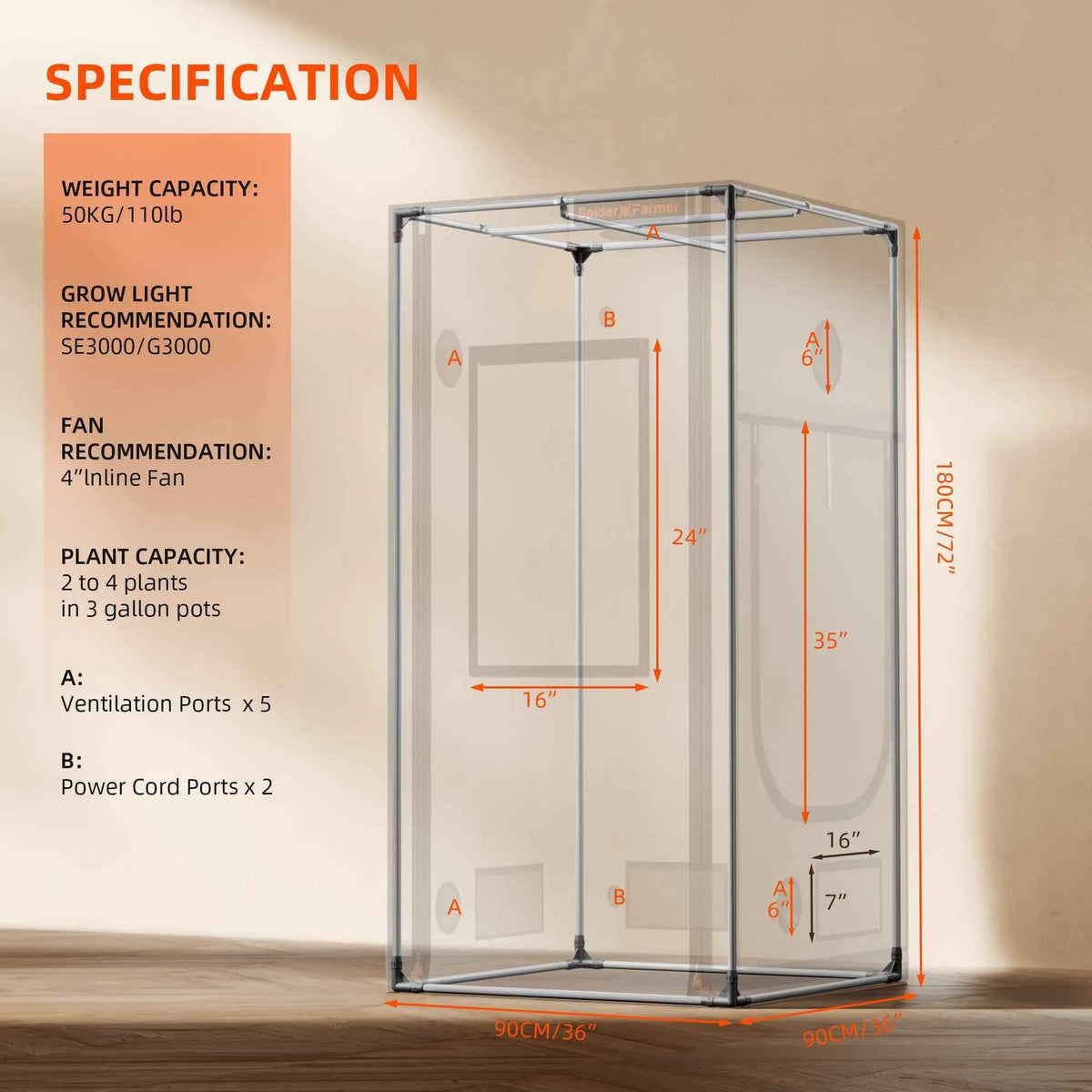 Spider Farmer 90x90x180cm Growzelt Pro | 2000D Oxford