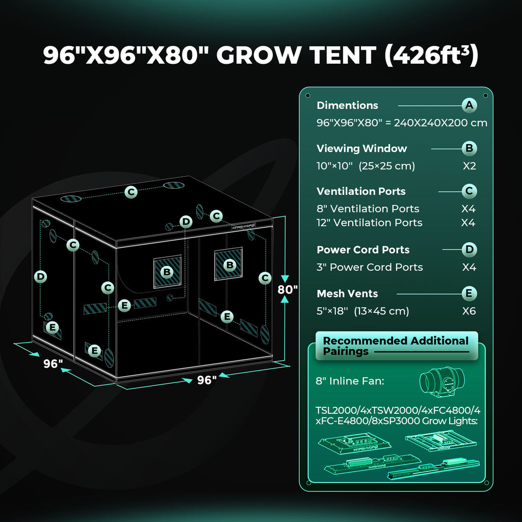 Mars-Hydro-240x240x200-Maßgrafik: Technische Zeichnung mit Abmessungen der Growbox in Zentimetern und Zoll.